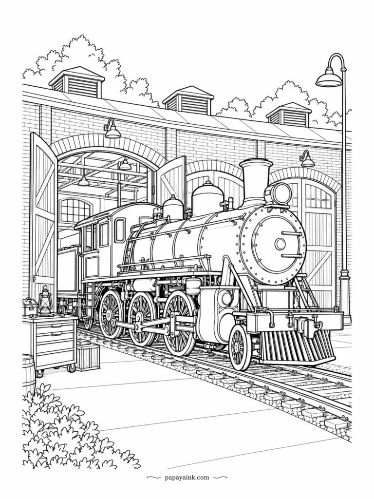 Train Coloring Pages - Morning shift at the roundhouse. The big steam locomotive rolls out through the brick arch, boiler first, with a lantern and a tool chest left on the floor by the door. Detailed - rivets, spokes and brickwork; a fine-tip pencil pays off here.