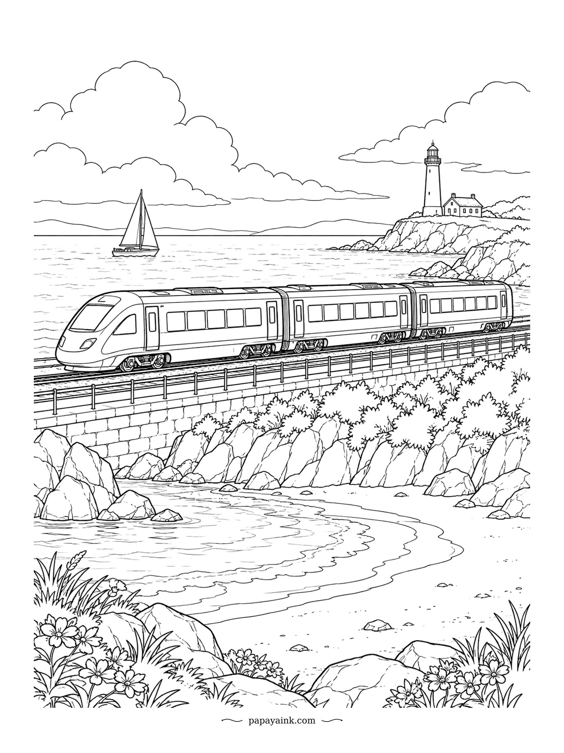 Train Coloring Pages - A high-speed train skims the coast on a stone embankment while a sailboat tacks offshore and a lighthouse watches from the headland. Keep the rocks pale and put the strongest color into the water and the train.