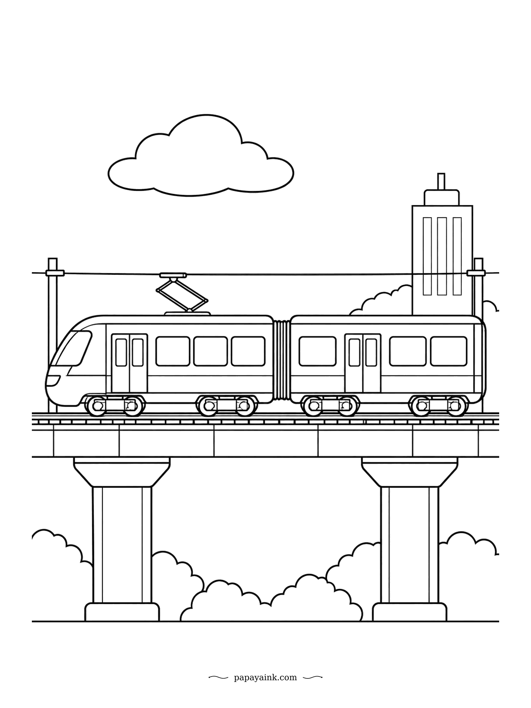 Train Coloring Pages - Just the basics: a two-car electric train on a viaduct, one tower, one cloud, a few overhead wires. Very few edges to stay inside, which makes it a calm, quick page for beginners and small children alike.