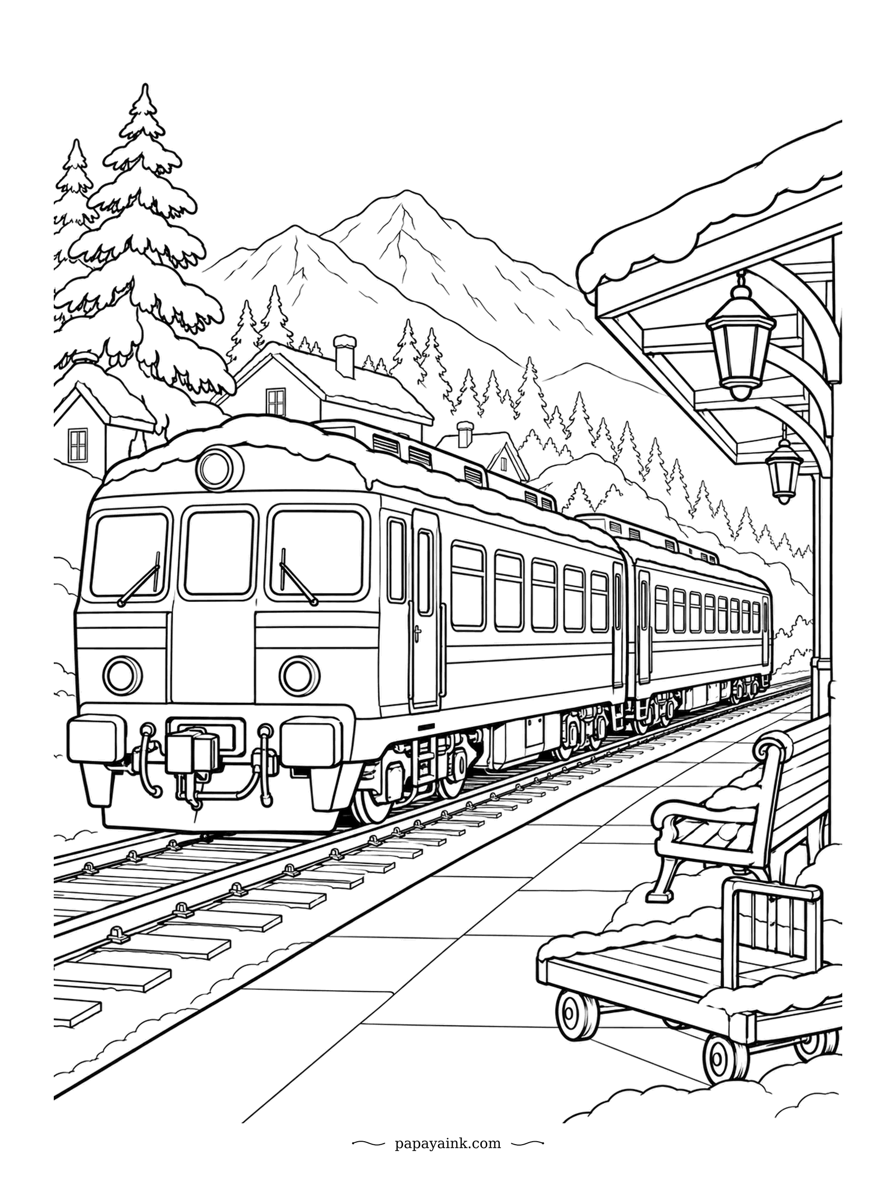 Train Coloring Pages - First train after the snowfall. A commuter unit waits at a platform where snow sits on the bench, the luggage cart and the lanterns. Leave every snow cap white and work around it; the contrast does the rest.
