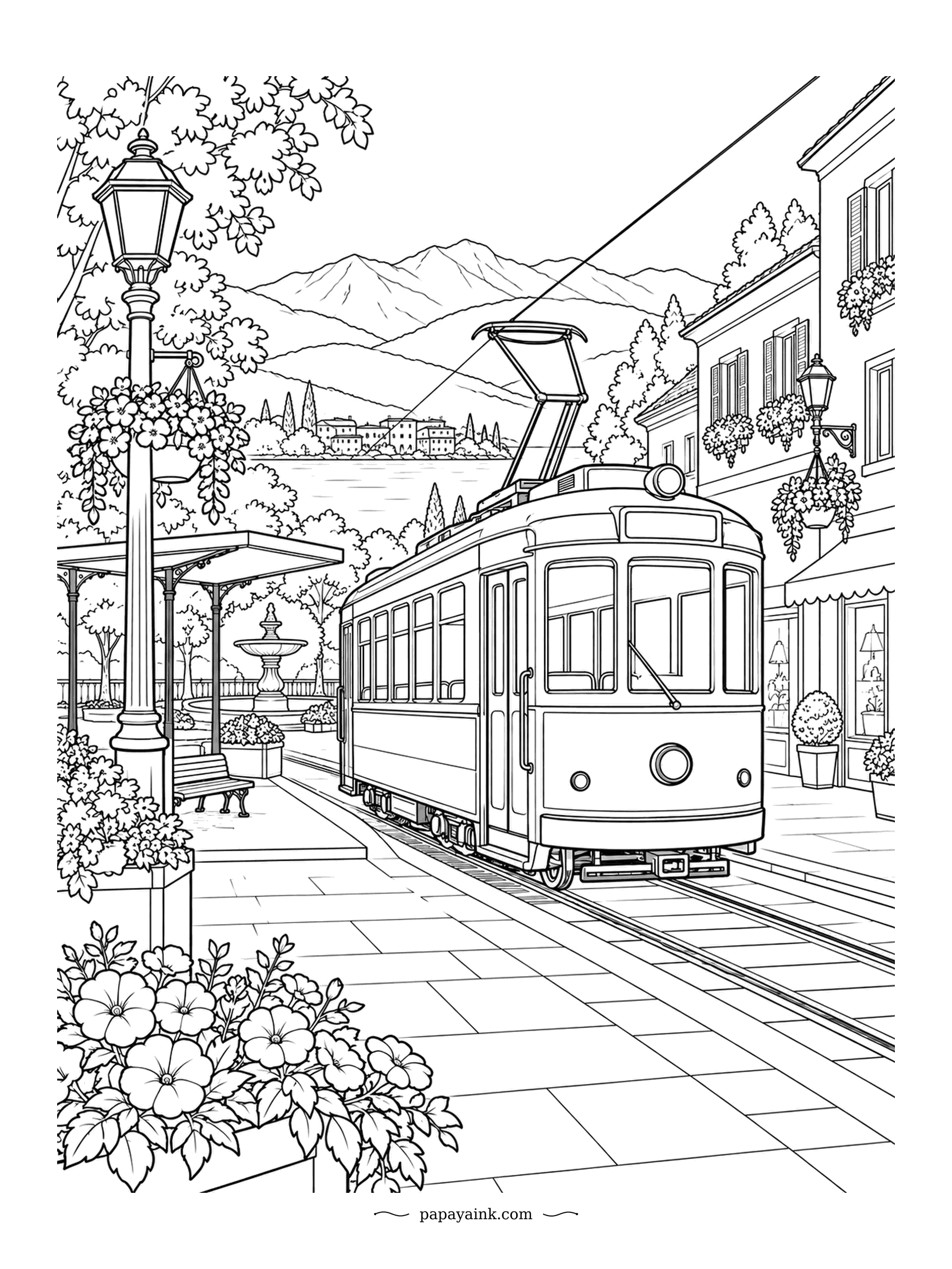 Train Coloring Pages - Hanging baskets, lamp posts, a fountain, and a vintage streetcar easing through the middle of it all. Mountains show between the rooftops. Streetcars were often two-tone: try cream above the windows and a deep shade below.