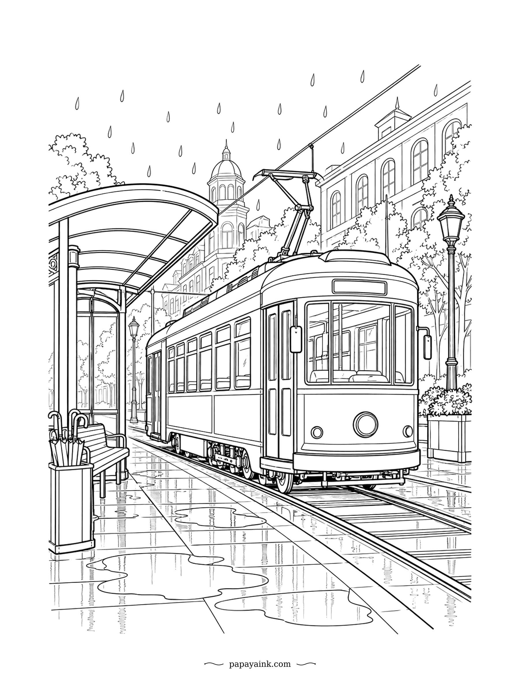 Train Coloring Pages - Rain on the cobbles, puddles under the shelter, umbrellas waiting in a stand. The vintage tram pulls up anyway. Reflections are the fun part: repeat the tram colors faintly in the wet pavement beneath it.