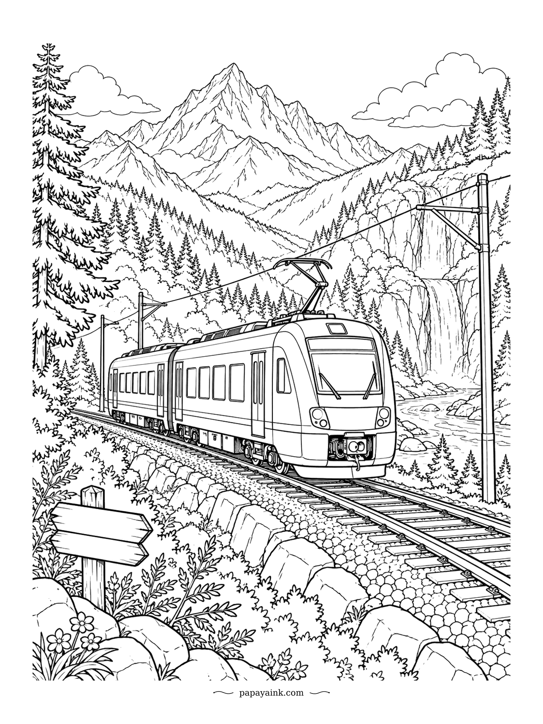 Train Coloring Pages - Wires overhead, a waterfall behind: the electric train threads the valley beside a wooden signpost by the track. Detailed - mountains, forest, rocks and ballast. Start with the far peaks and move forward so the train stays sharpest.
