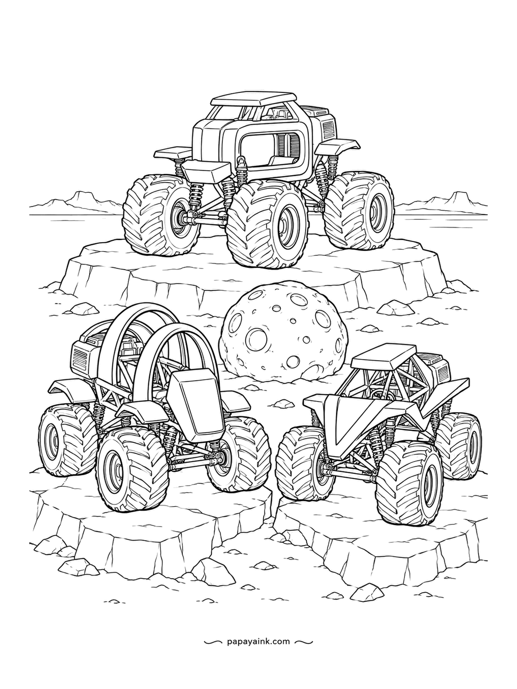 Monster Truck Coloring Pages - Rock pads at three heights, a truck on each: a boxy cab highest, the tri-hoop climber at left, a wedge at right, and a cratered meteor sitting between them. Detailed.