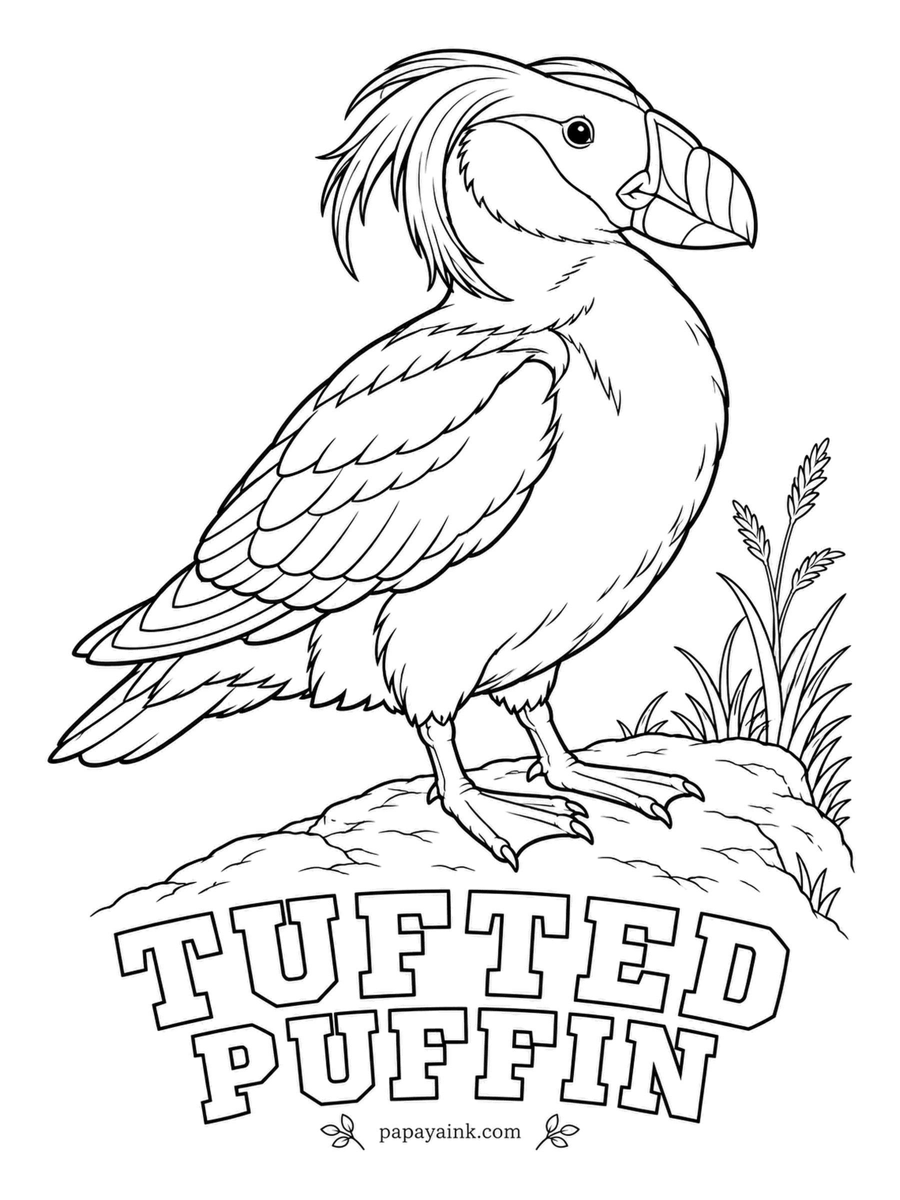 Realistic Bird Coloring Pages - Golden tufts sweep back from the head of the tufted puffin in breeding season, as if styled for a party on a North Pacific cliff. White face, black plumage, orange feet, and a massive orange-red beak with a yellow base.