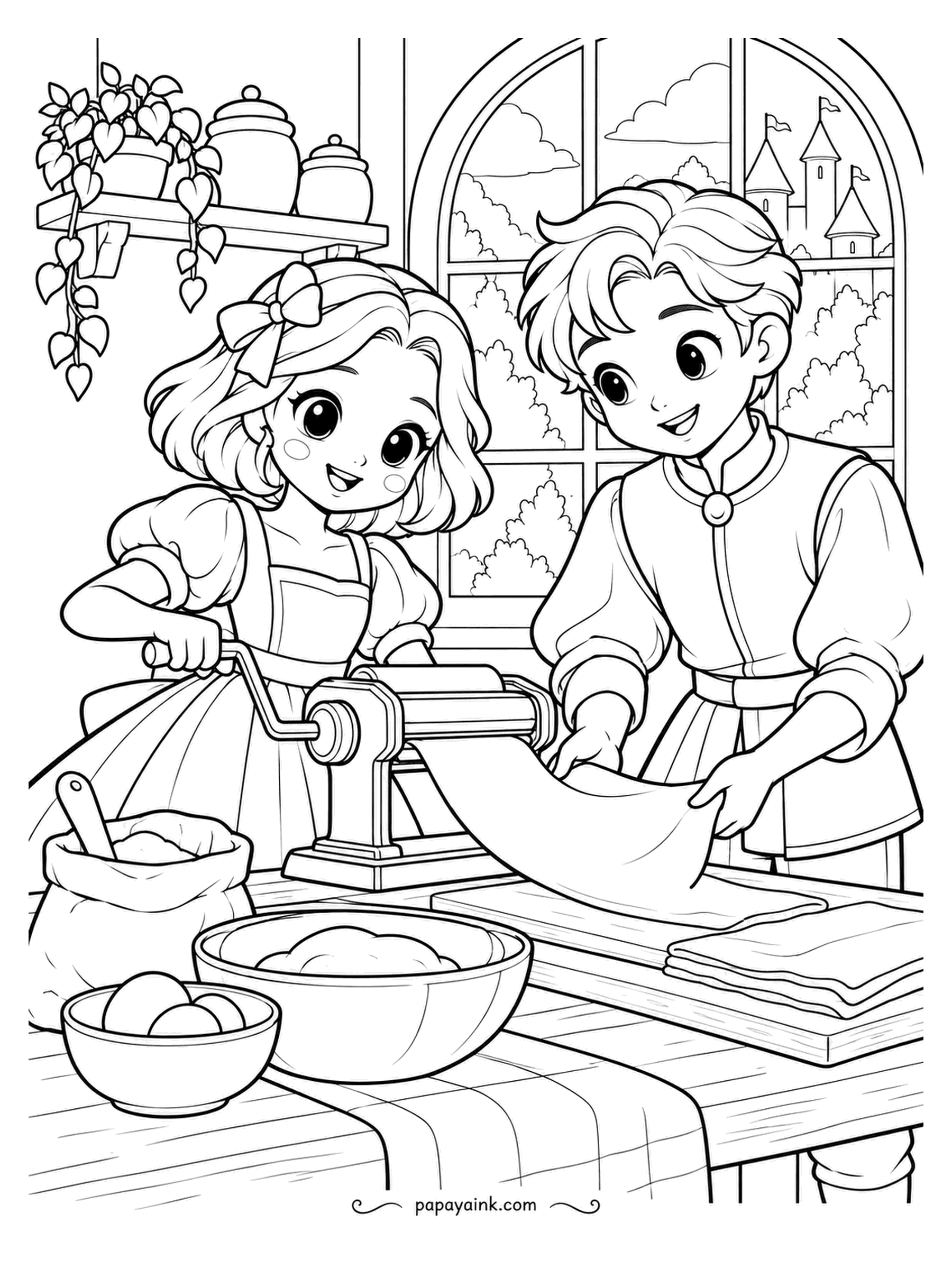 Kawaii Princess Coloring Pages - Pasta night in the castle kitchen. The princess turns the handle, the prince guides a sheet of dough out of the rollers, and a flour sack, a bowl of eggs and the folded sheets wait their turn. The window view has towers, naturally.