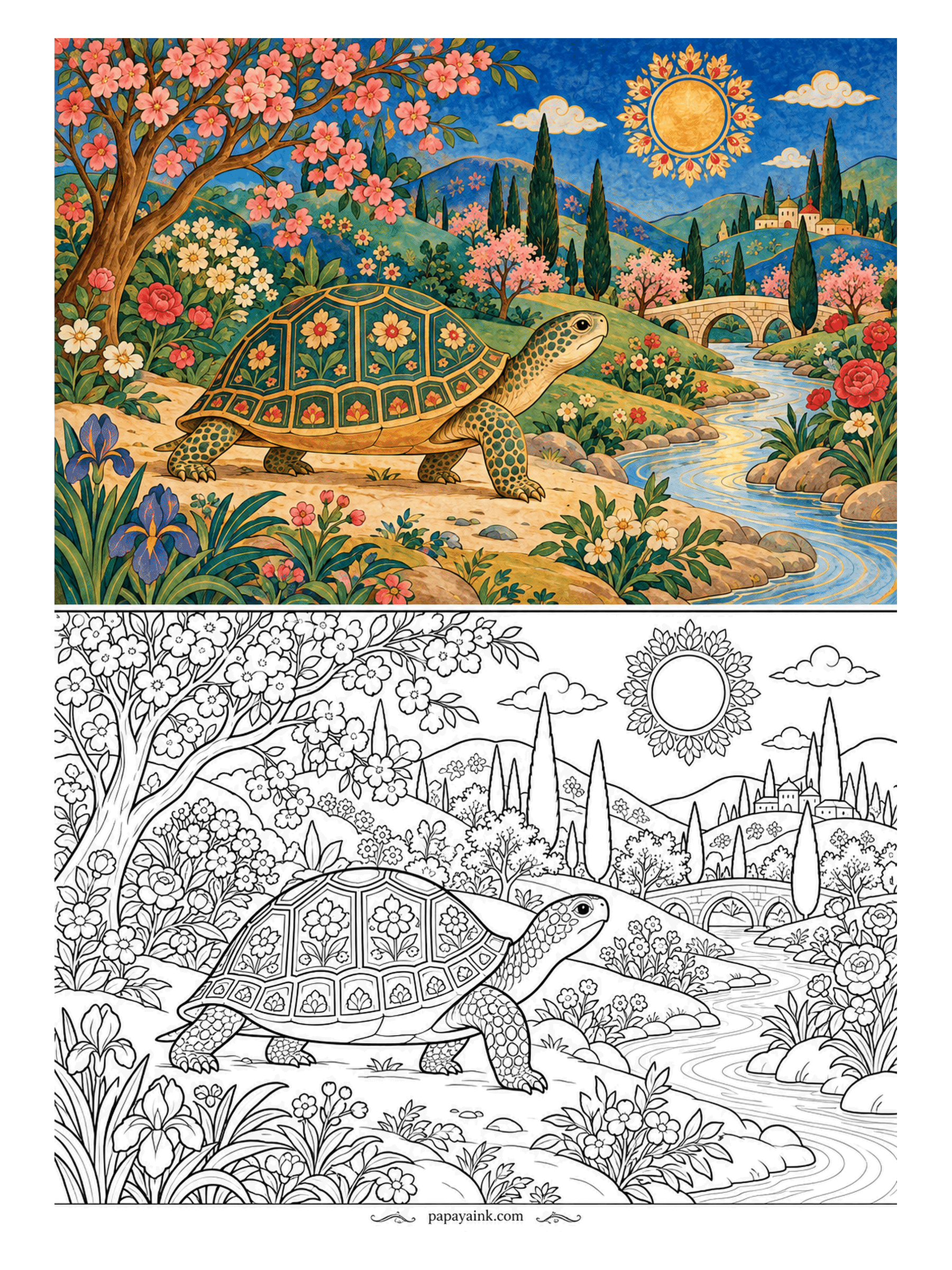 Turtle Coloring Pages - Every plate on this tortoise's shell carries its own little blossom, which makes him the best-dressed resident of the valley and the slowest. He is heading for the water anyway. Match the shell from the sample; the legs are plain speckled olive.