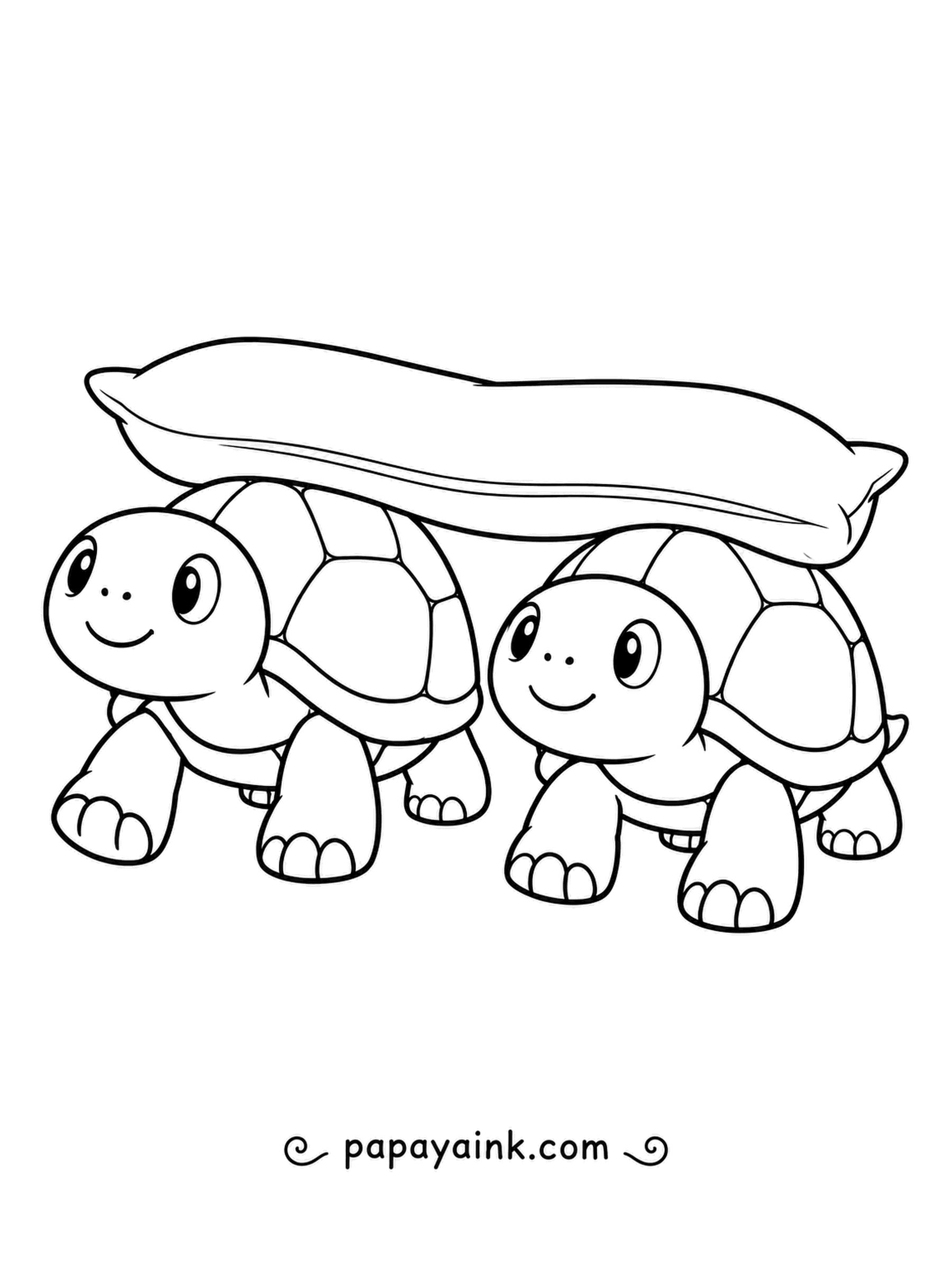 Turtle Coloring Pages - Side by side, two little turtles balance one long pillow across both of their shells. Give each friend a different shell color so you can tell them apart.