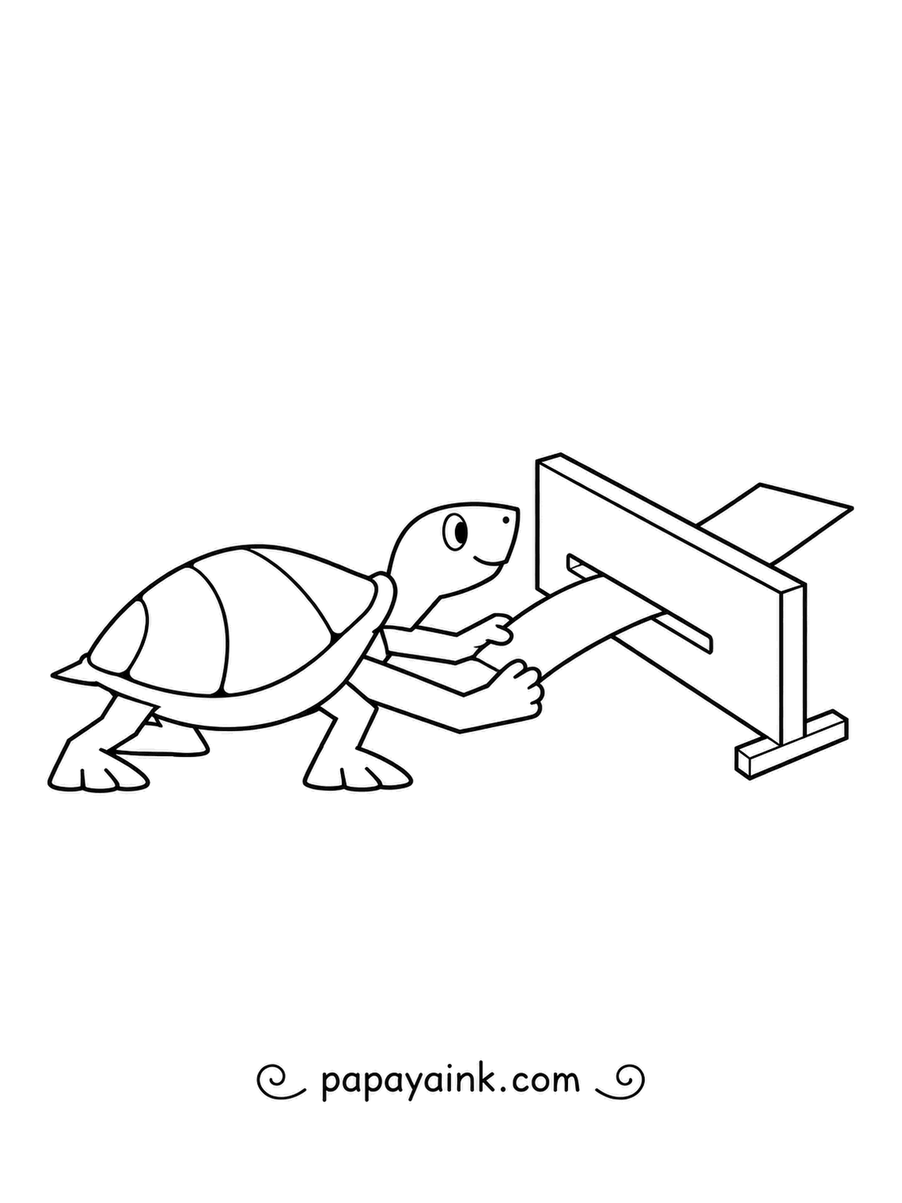 Turtle Coloring Pages - Feeding a long strip of paper through a slot in a wooden stand, a small turtle concentrates on its task. Plenty of white space keeps this page light and simple.