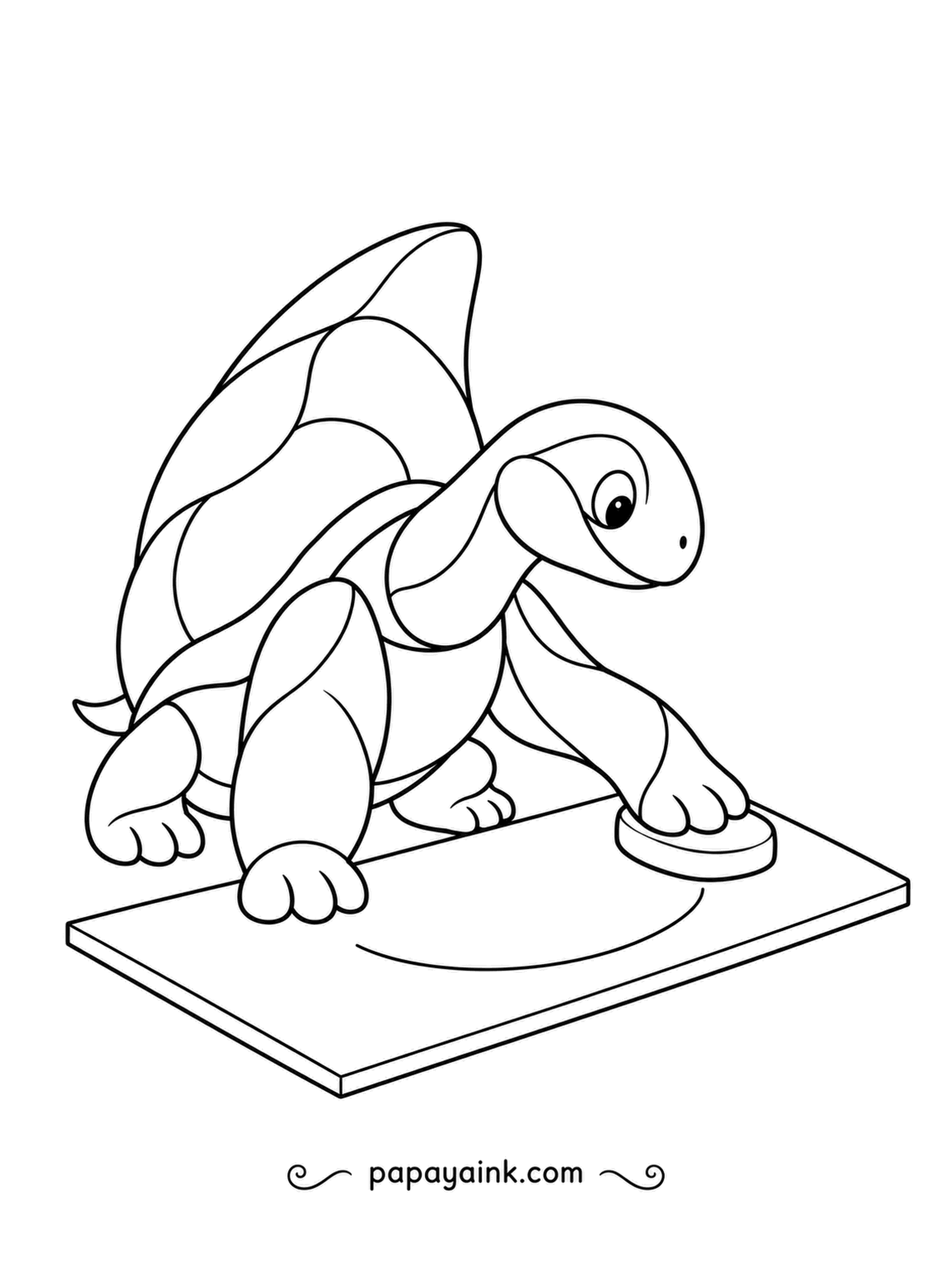 Turtle Coloring Pages - Pressing a round pad onto a flat board, a high-shelled turtle sweeps a curved line across the surface. Fill the big shell panels with different shades of green and brown.