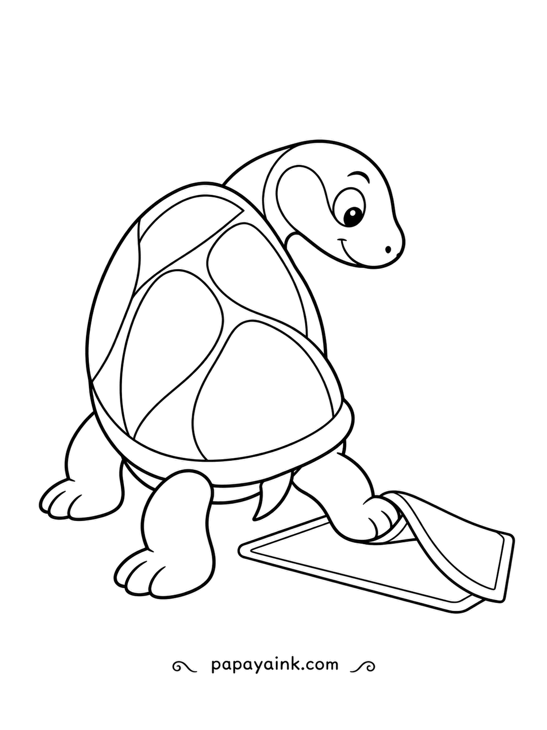 Turtle Coloring Pages - Glancing back over its shell, a turtle lifts the corner of a floppy mat with one foot. Swirly bands on the shell look lovely in alternating light and dark shades.