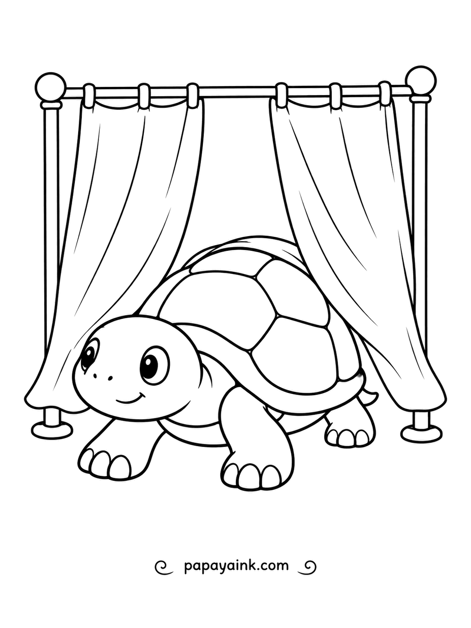 Turtle Coloring Pages - Poking its head between two drapes, a beaming turtle steps out like the star of a show. Give the curtains a rich color and the turtle a bright, happy one.