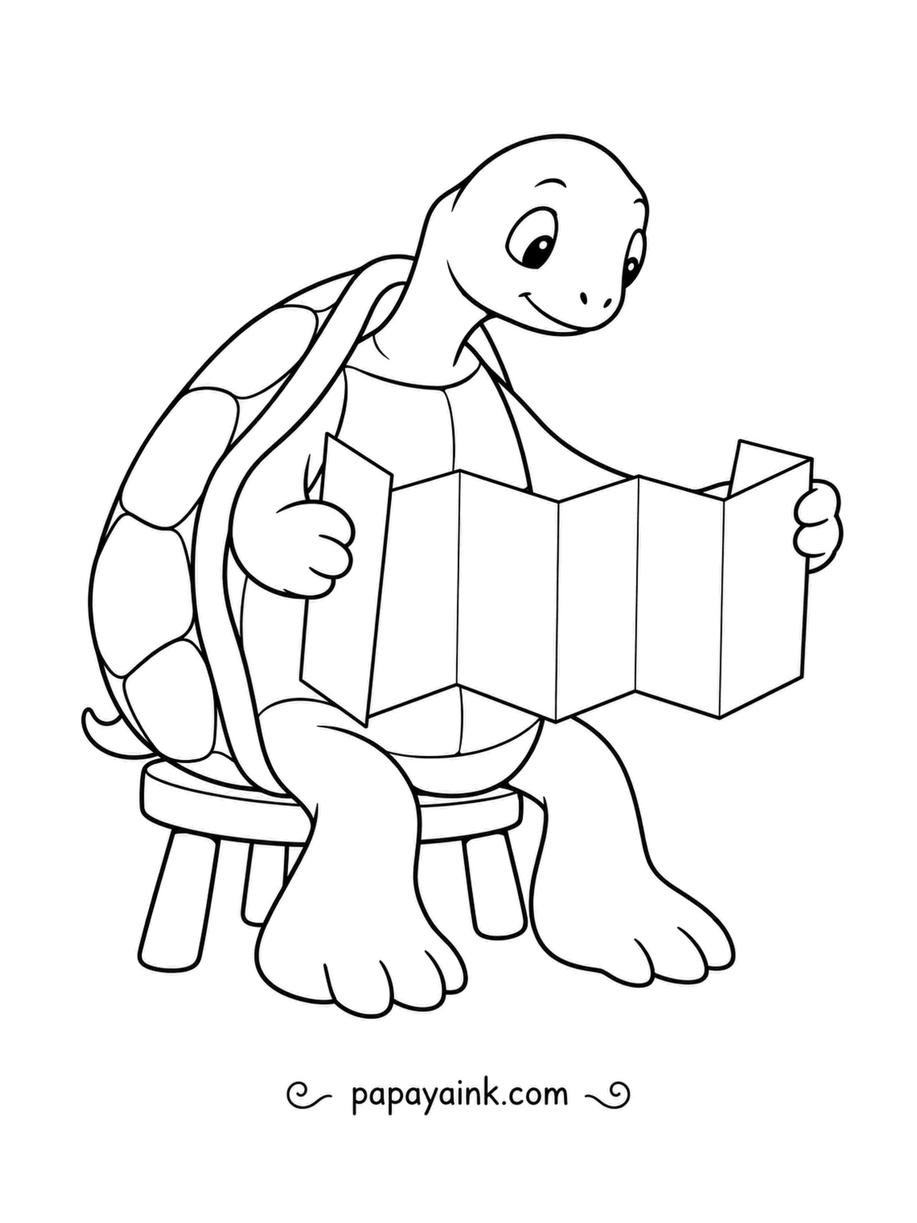 Turtle Coloring Pages - Sitting on a little stool, a thoughtful turtle unfolds a long zigzag folder with both hands. Each folded panel can be a different color, like a rainbow fan.