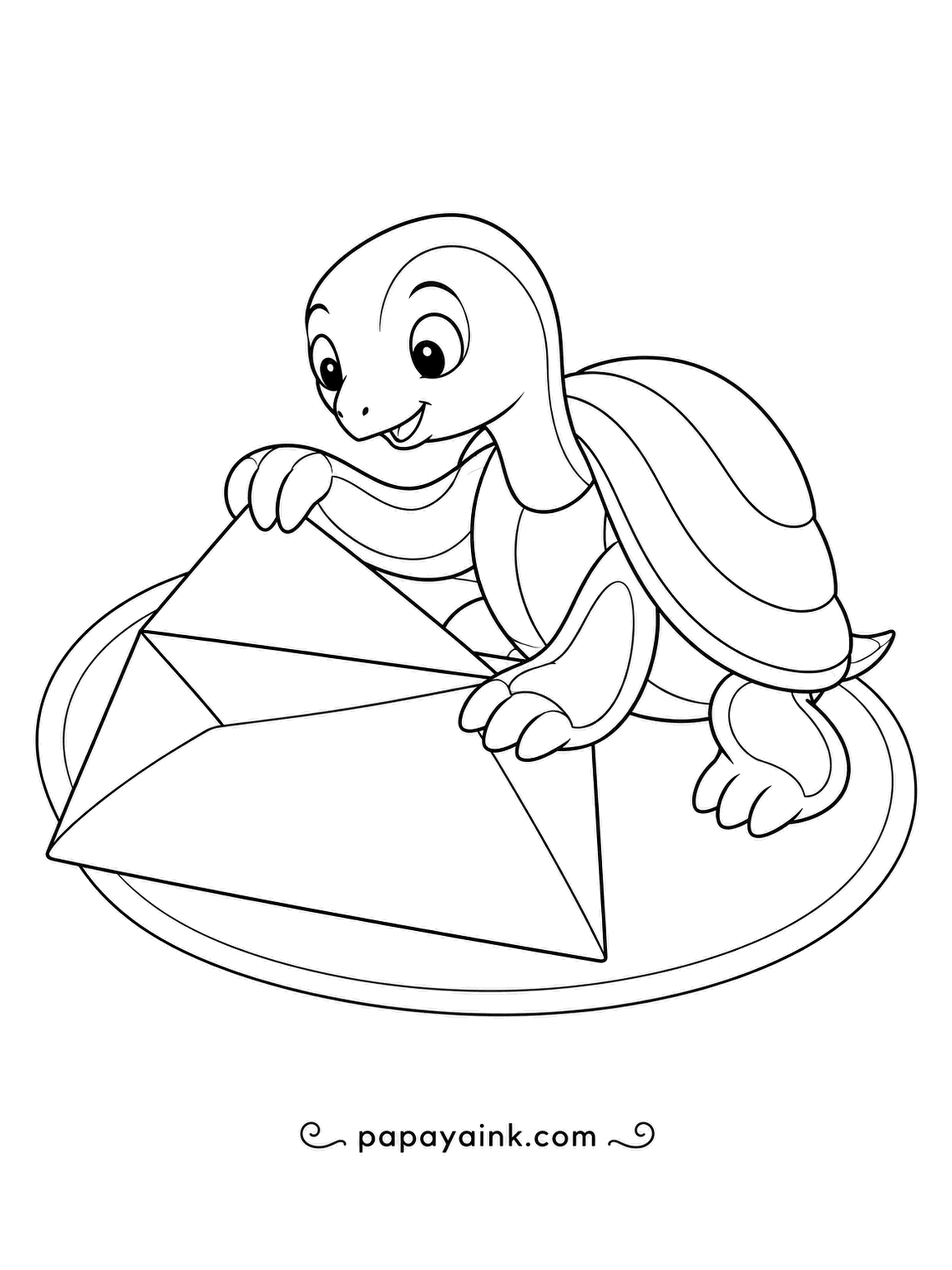 Turtle Coloring Pages - Reaching across a round mat, a delighted turtle opens a big paper envelope with both front feet. Draw a surprise letter or card peeking out once you finish coloring.
