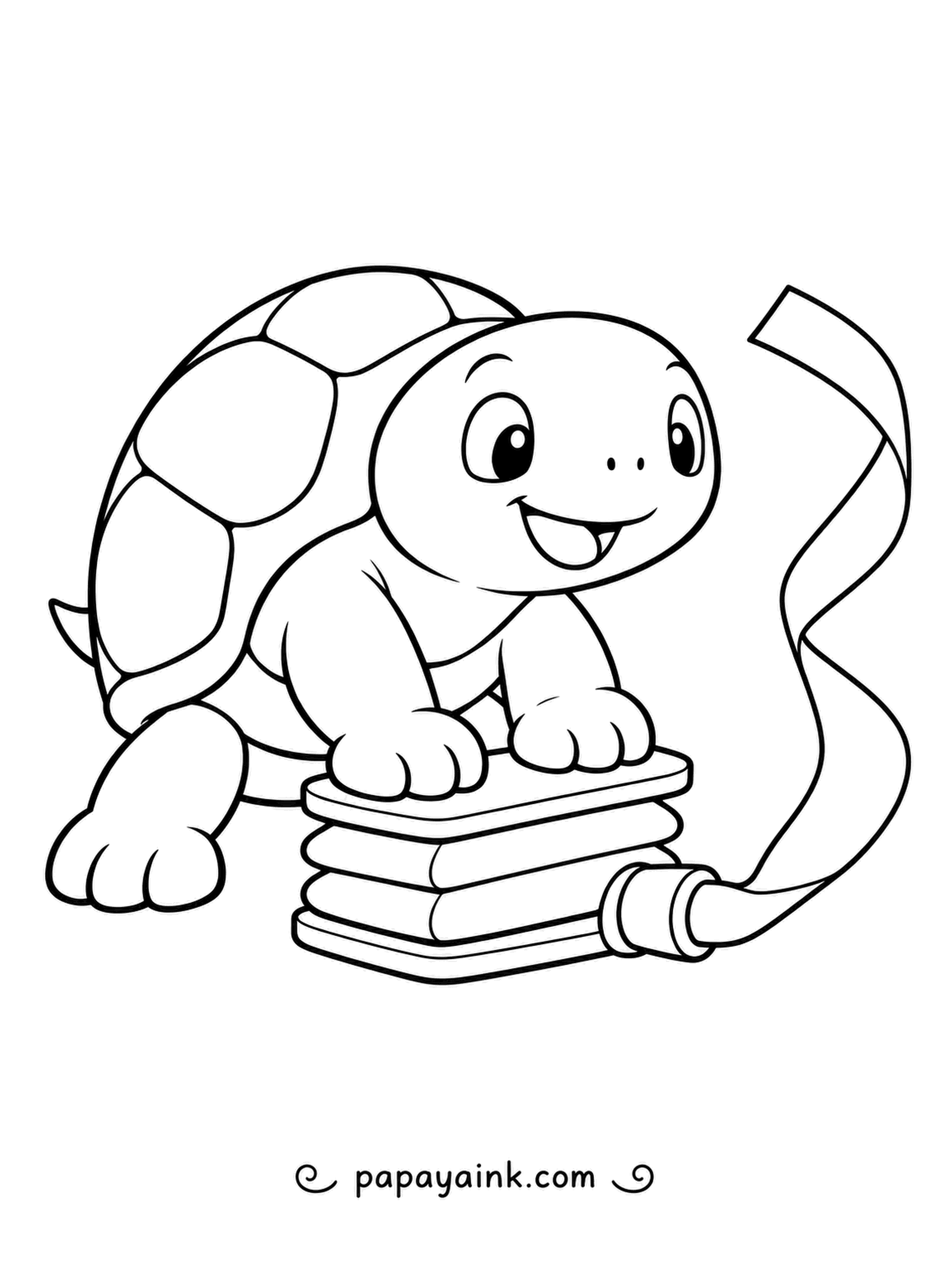 Turtle Coloring Pages - Leaning on a stack of folded cushions, a grinning turtle pushes air out through a hose so the long ribbon flutters away. The shell plates and wavy streamer give lots of shapes to fill.