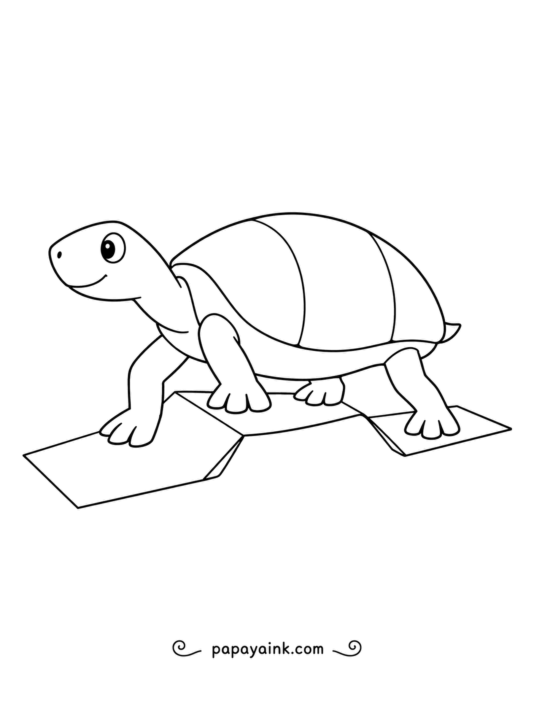 Turtle Coloring Pages - Stepping onto a folded paper bridge, a smiling turtle flattens its creases with each foot. Clean lines and a simple shell make this a relaxed page for beginners.