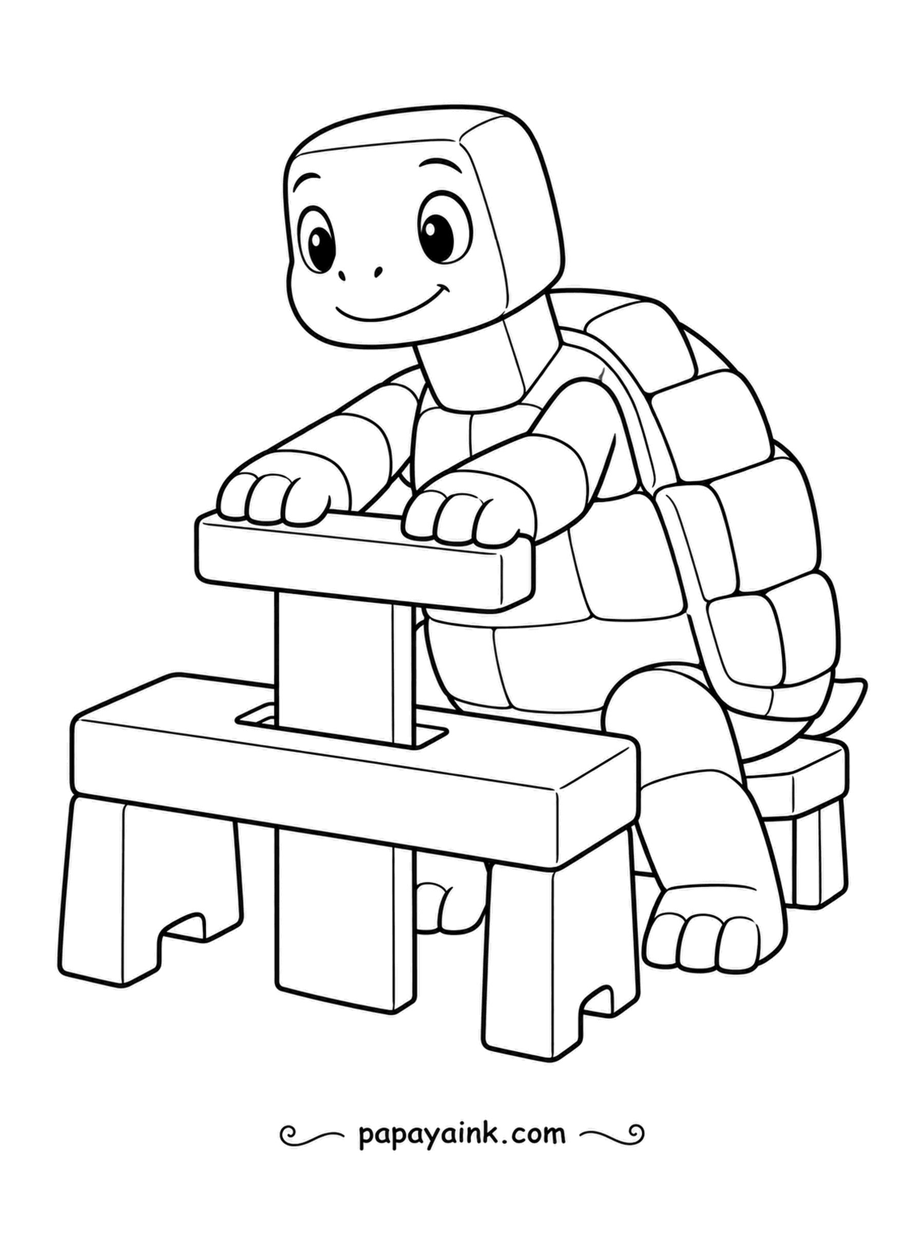 Turtle Coloring Pages - Seated behind a sturdy wooden frame, a block-headed turtle pushes a paddle down through a slot. The squared shell panels are easy to color one at a time.