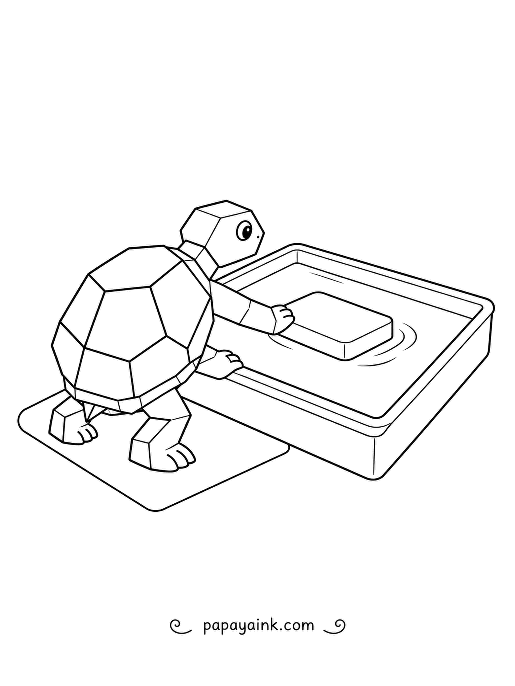 Turtle Coloring Pages - At the edge of a water tray, a faceted turtle nudges a floating slab across the surface. Light blue ripples and gem-cut shell plates make a nice contrast.