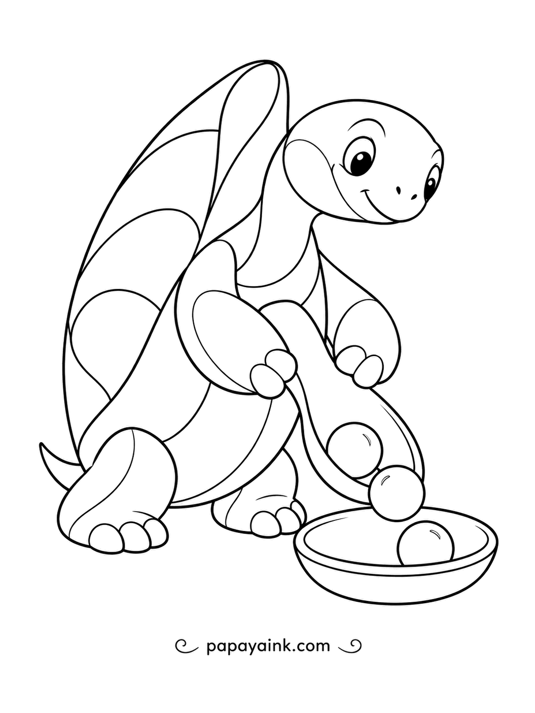 Turtle Coloring Pages - Tilting a curved scoop over a bowl, a happy turtle lets a ball roll down to join the one waiting below. The tall, swirly shell is fun to color in stripes.