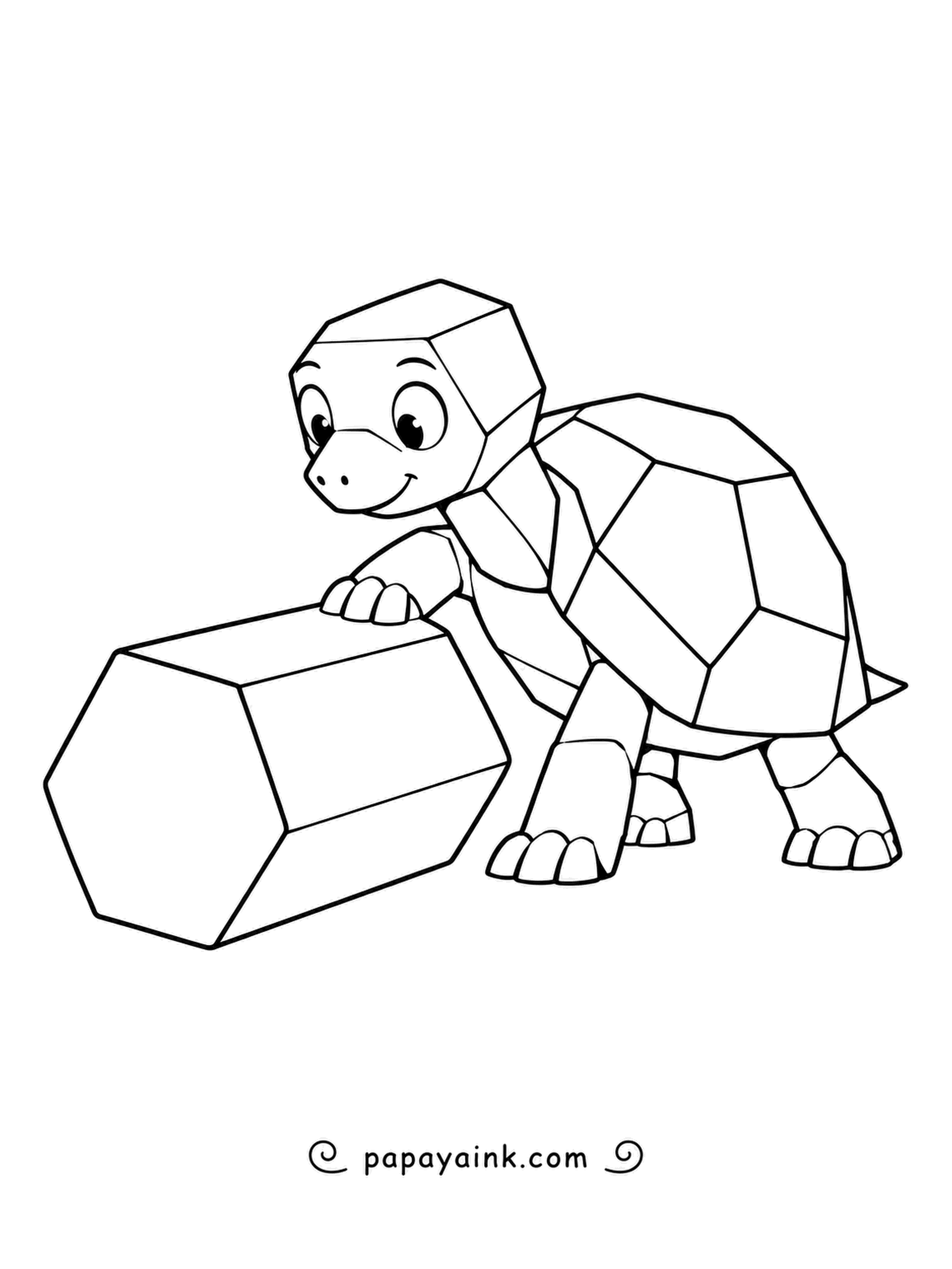 Turtle Coloring Pages - Rolling a chunky six-sided block, a faceted turtle grins at its work. Angled panels on the shell and head take light and dark shades for a gem-like finish.