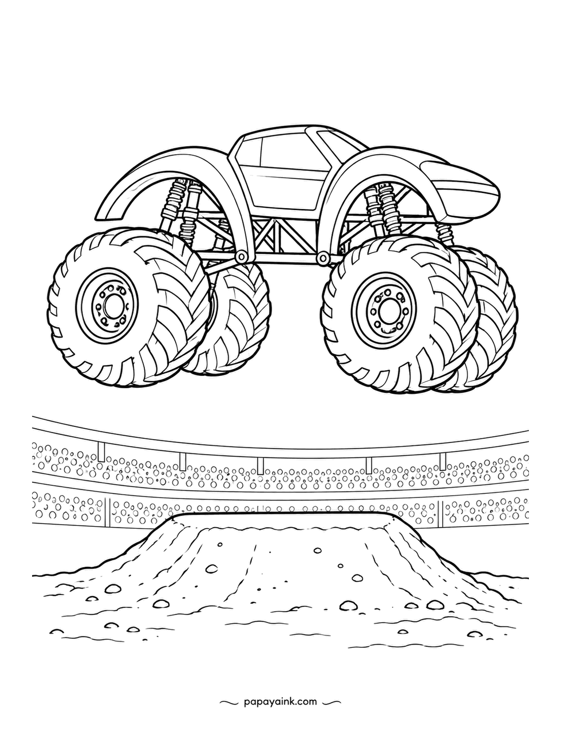 Monster Truck Coloring Pages - Sideways over a tabletop jump, all four tires up, a body with two arched fender bridges over the wheels, the grandstand packed. Keep the crowd as dots and the truck solid.