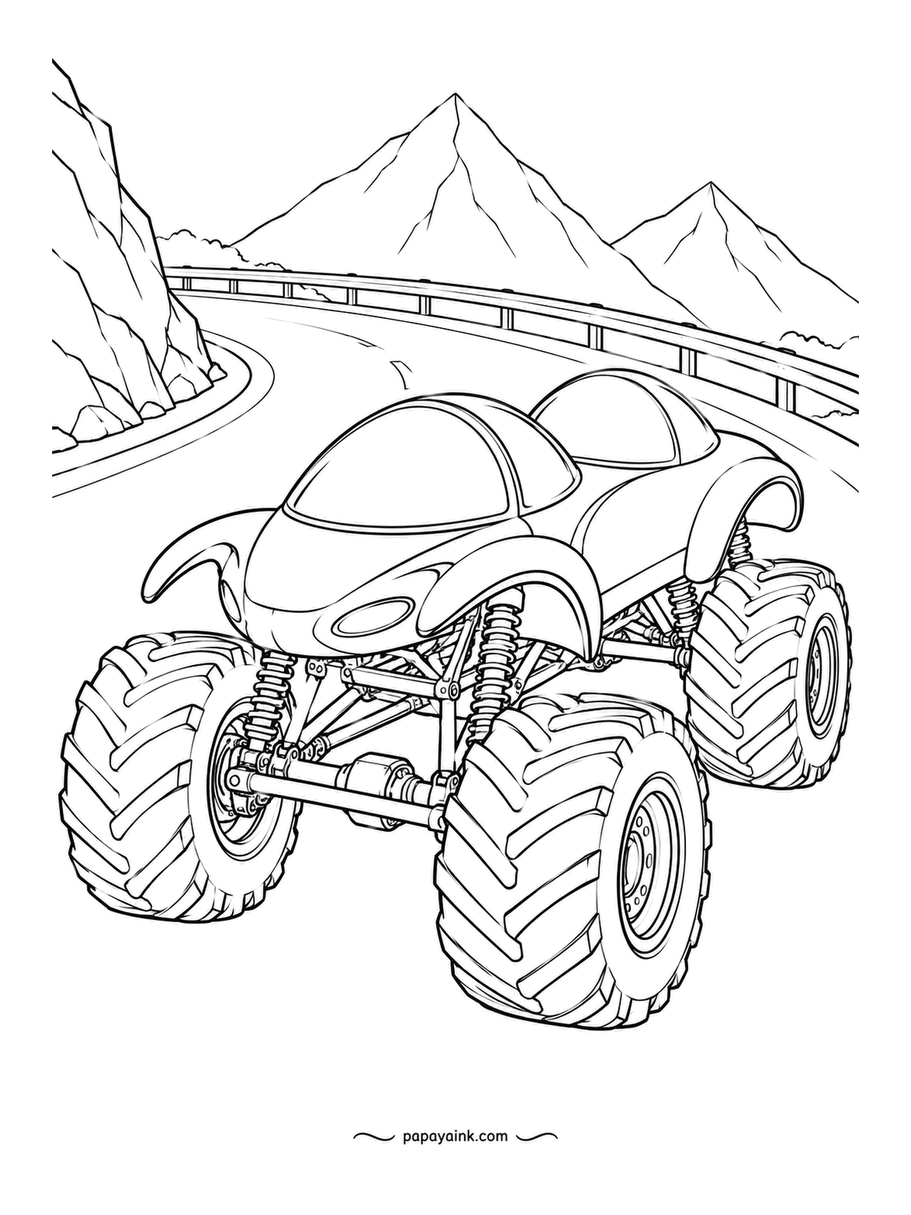 Monster Truck Coloring Pages - Twin bubble canopies in a row, tandem seating, heading into a mountain hairpin with a guardrail and jagged peaks behind. Big round tires fill the lower half. Glossy canopies look best with a white streak left in.