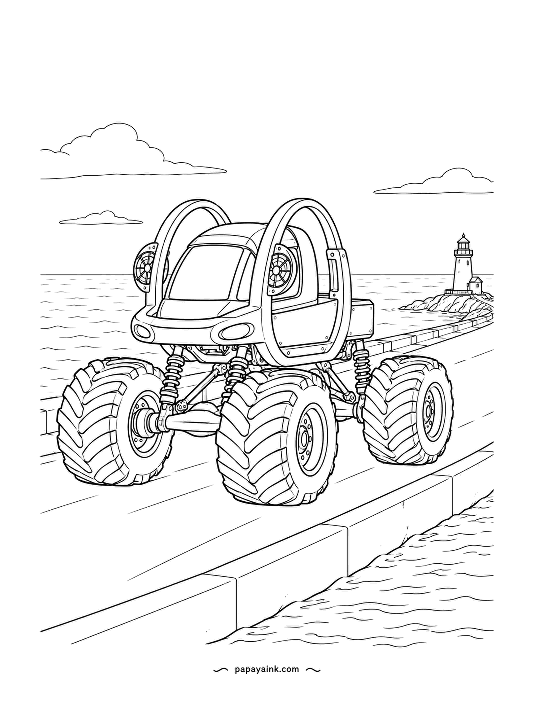Monster Truck Coloring Pages - Causeway to a lighthouse, a compact truck with two loops over its cab rolling along the stone edge. Sea on both sides, clouds overhead. White lighthouse, red stripe if you like.