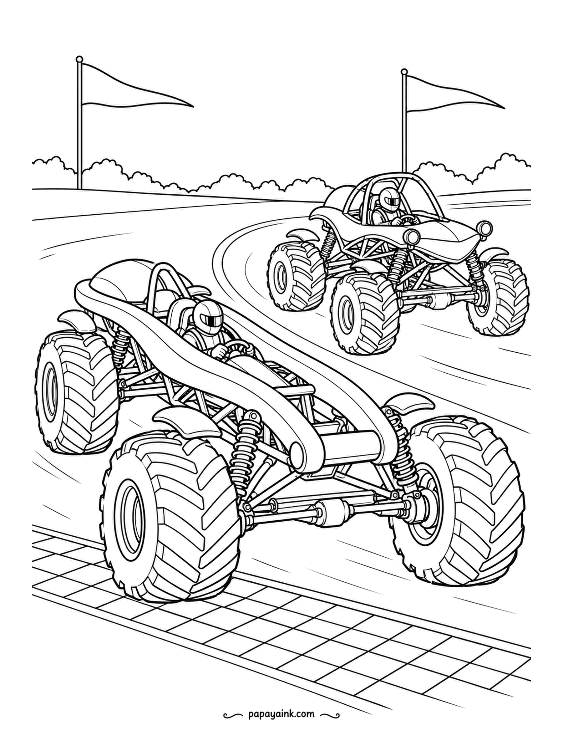 Monster Truck Coloring Pages - Checkered finish strip under the twin-rail longbody, driver still gripping the wheel, while a second truck circles the infield to cool down. Flags on poles, hedges behind - a busy one.