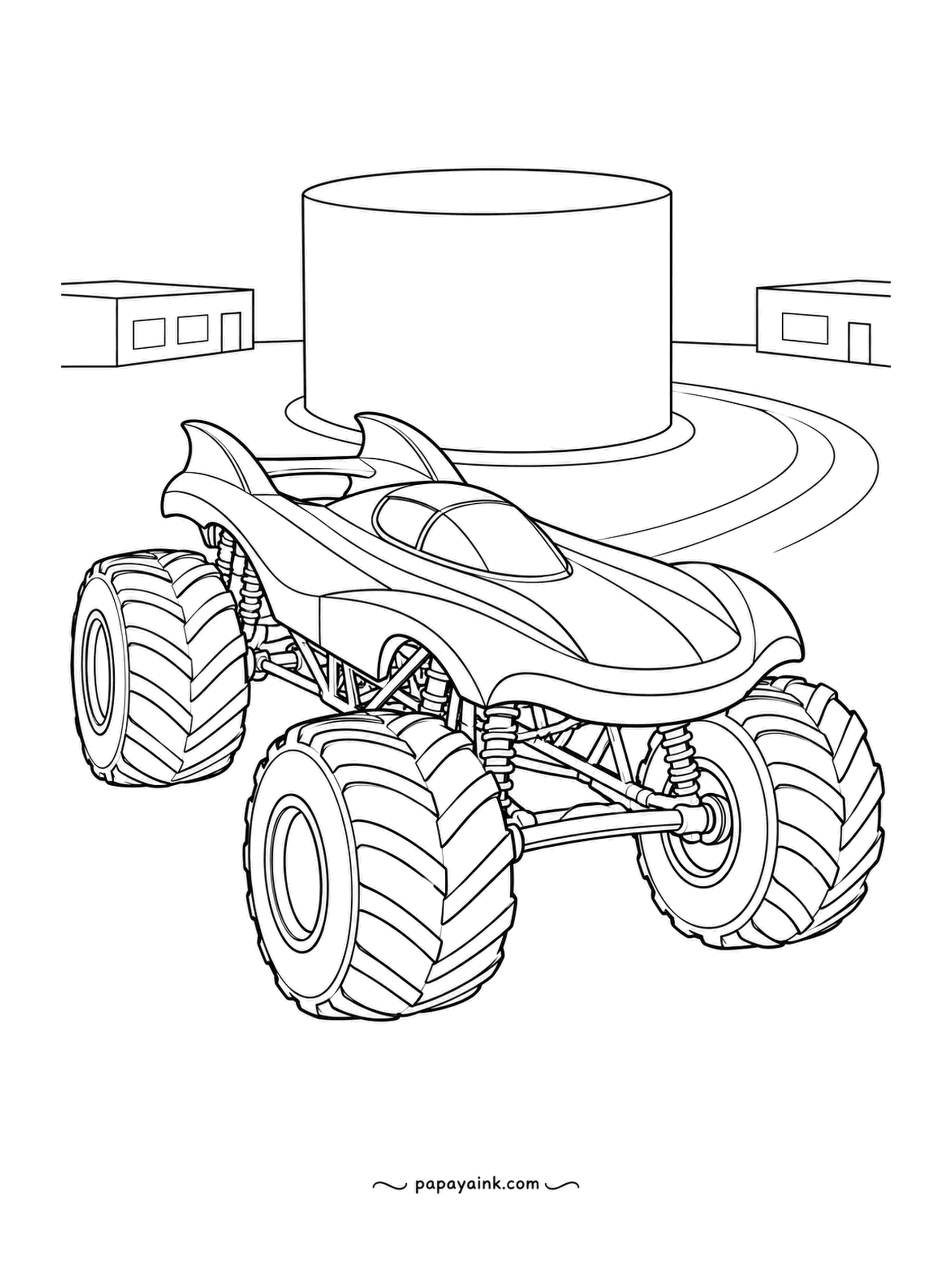 Monster Truck Coloring Pages - Toy plaza with a giant drum on a pedestal and two flat buildings beyond it, the twin-ridge streamliner idling in front. Ridges along the hood catch light nicely in a metallic pencil.
