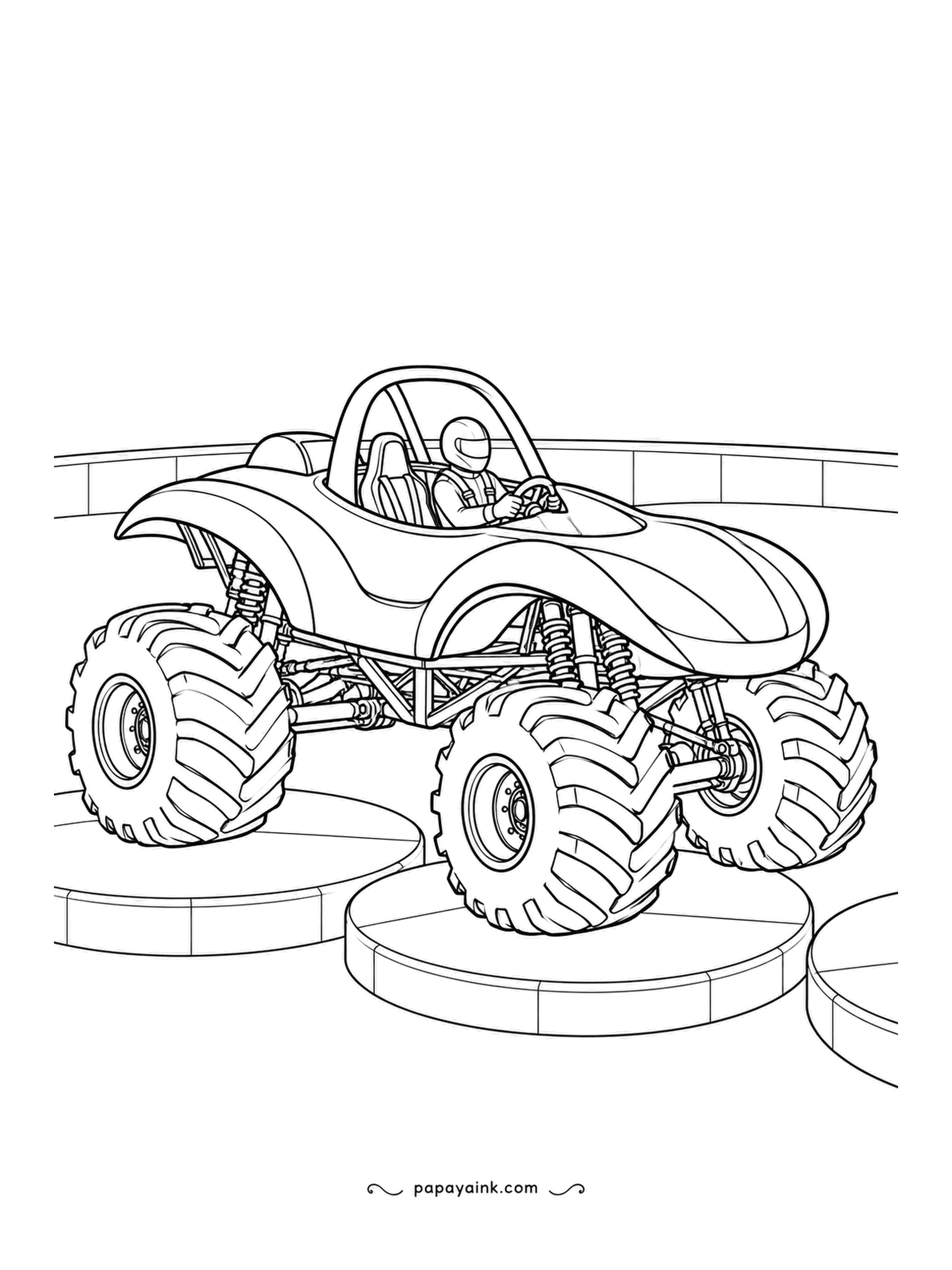 Monster Truck Coloring Pages - Scoop-shaped body, two seats and a helmeted driver, parked on a stack of three round discs in a curved plaza. Clean shapes with lots of empty floor. An easy one to start the set with.