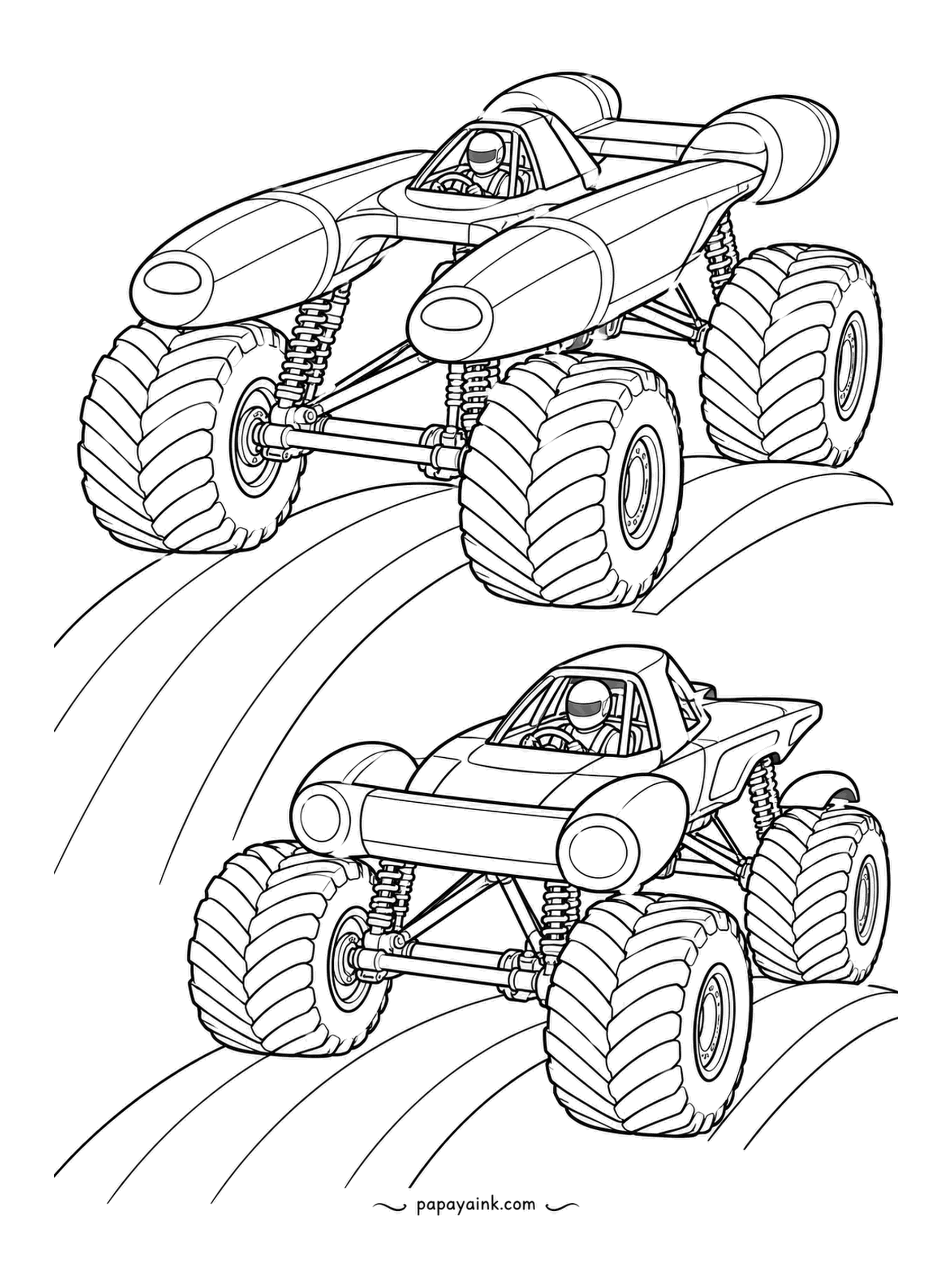 Monster Truck Coloring Pages - Two trucks riding a rainbow side by side, the twin-sponson racer up top and a cylinder-bodied one below. The rainbow bands are drawn empty, so the color order is yours to decide. Big shapes, no fine detail.