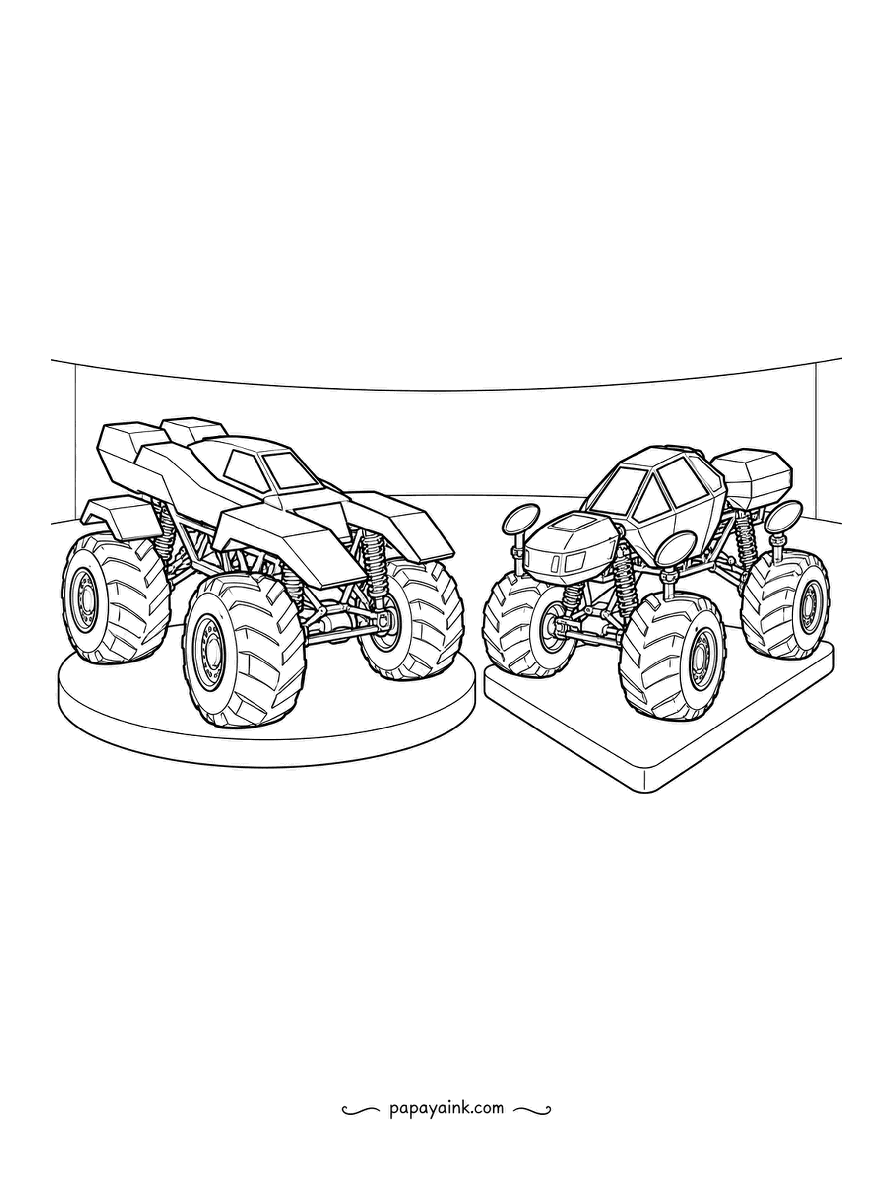 Monster Truck Coloring Pages - Mirror platforms in a show hall, round and square, a stepped wedge on one and a bubble-cabbed truck on the other. Curved wall, no other scenery. Two trucks, two color schemes.