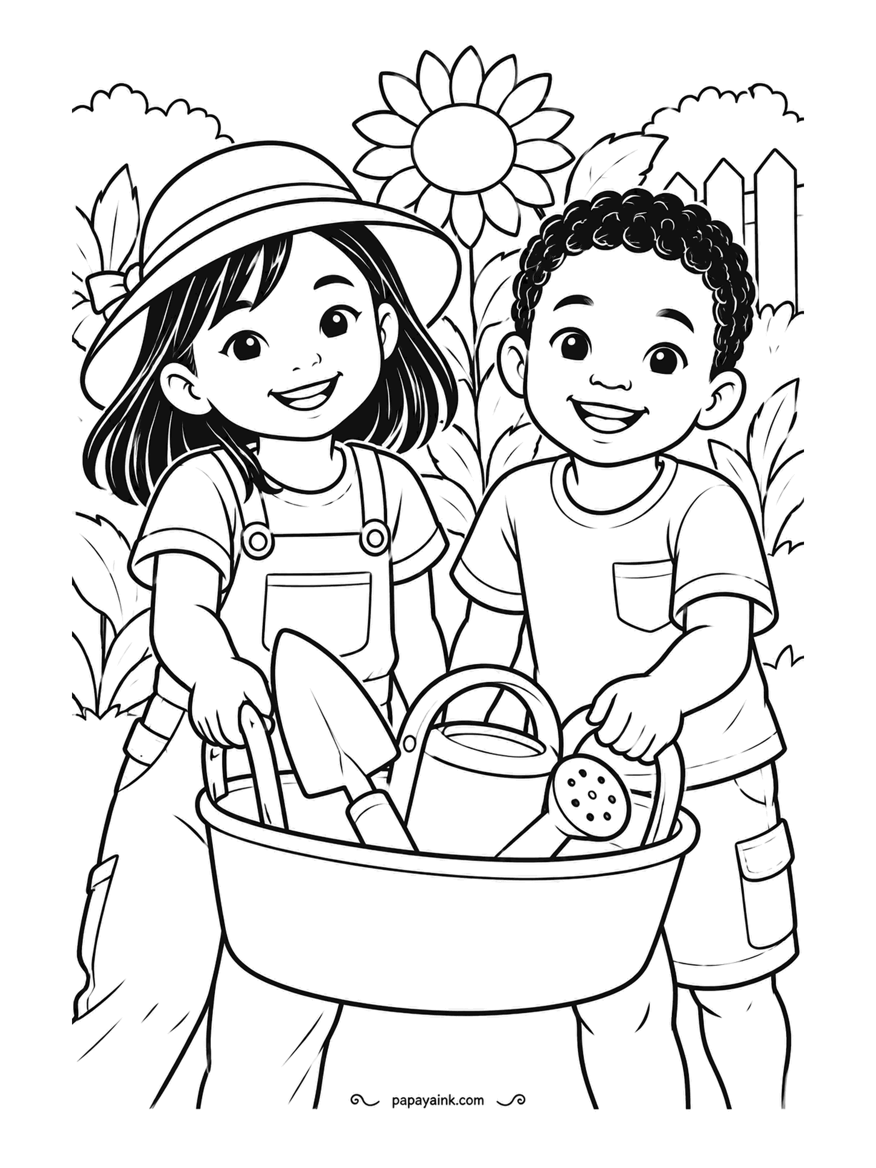 Garden Coloring Pages - One in a sun hat, one in a tee, two children carry a basket between them, trowel and watering can inside, a sunflower peeking over the fence. A straw yellow hat and a red watering can give the eye two places to land.