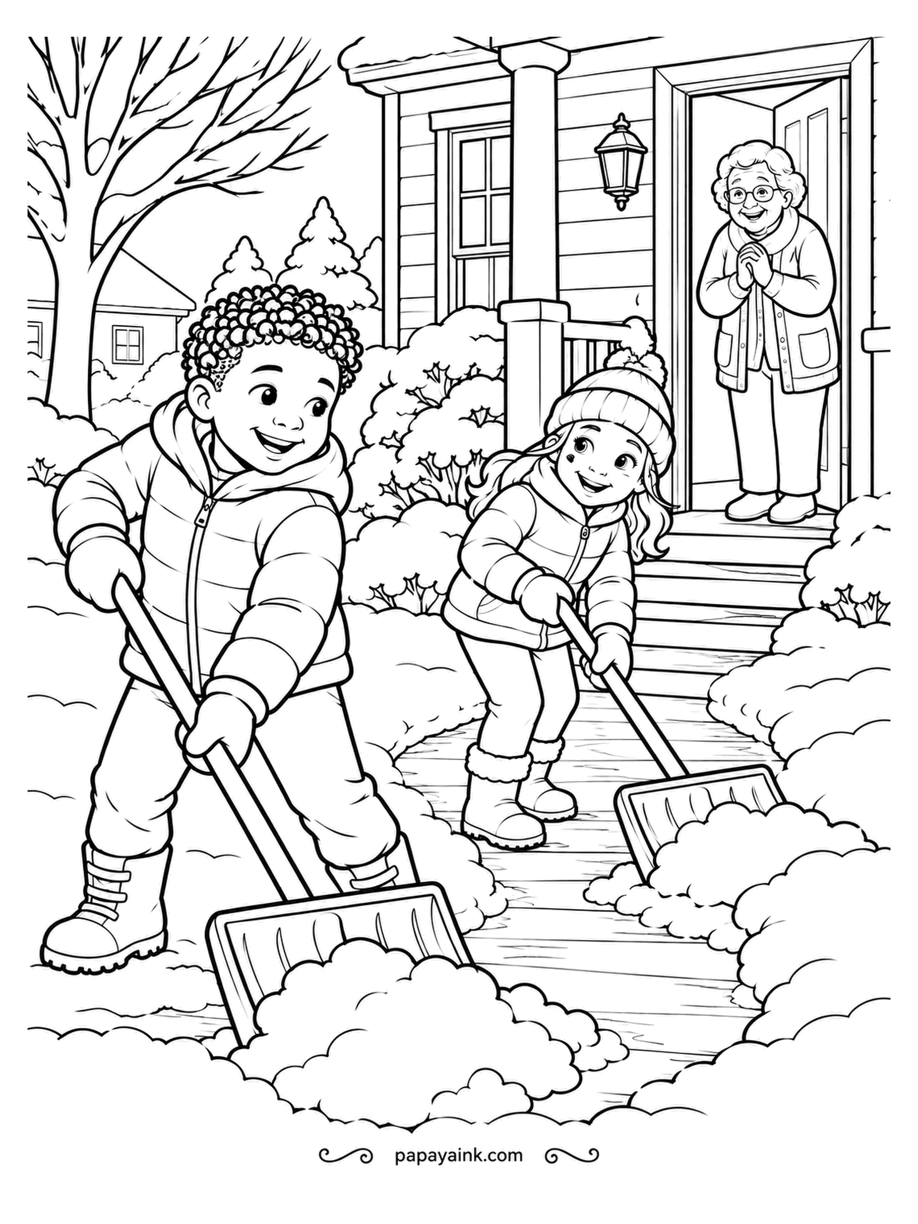 December Coloring Pages - Two children shovel a winding path up to the neighbor's porch, and the neighbor is already at the door, hands clasped, with the lantern lit. A good deed with visible progress. Earth tones for the porch, cool grays for the shoveled drifts.