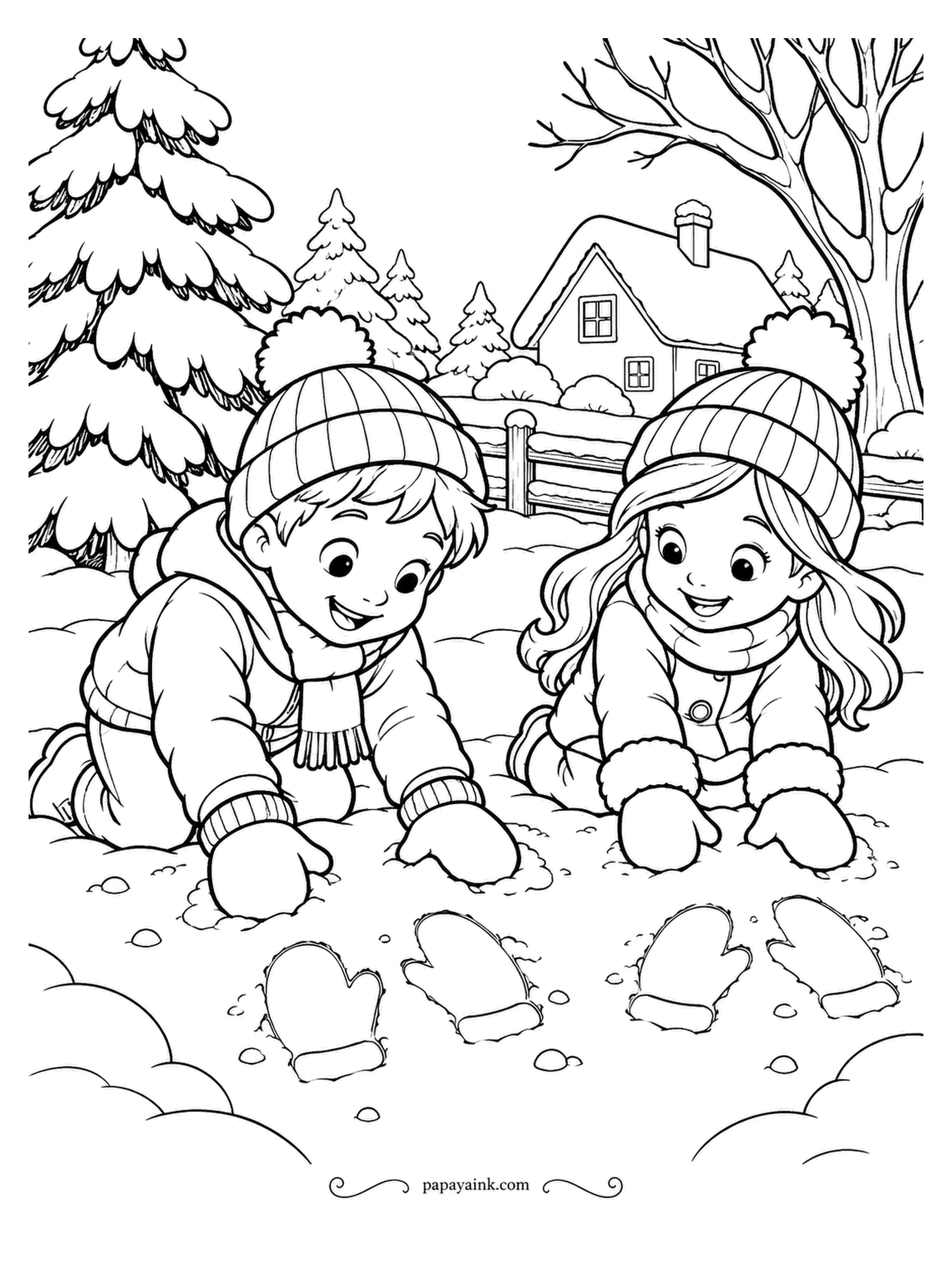 December Coloring Pages - Testing mitten prints in a fresh blanket of snow: press, lift, compare. The row of prints already runs across the foreground, and the cottage behind wears its own cap of snow. Soft blue shadows inside the prints, and the snow stays white around them.