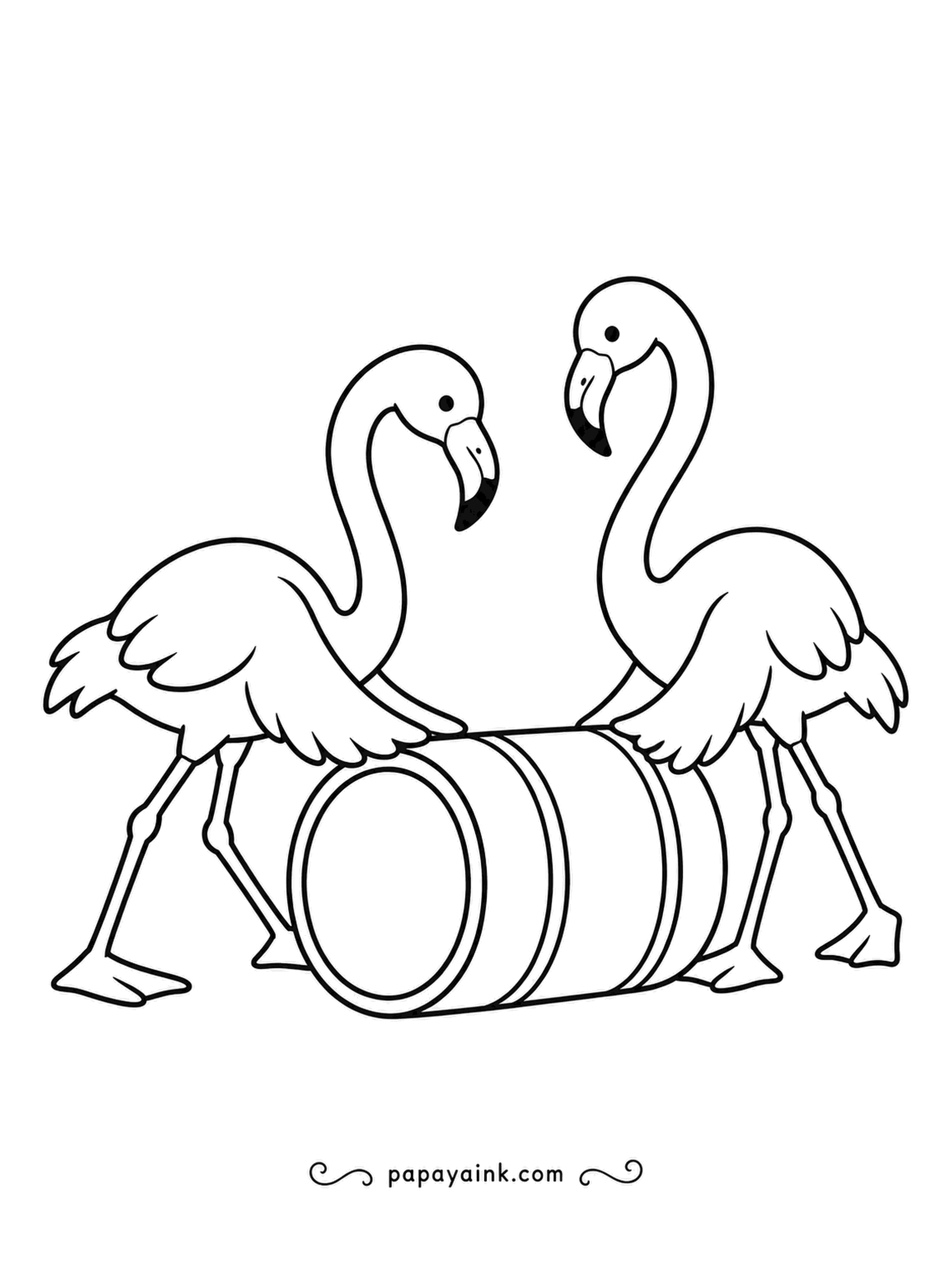 Flamingo Coloring Pages - A wooden barrel on its side and a pair of flamingos rolling it in step, necks curved toward each other. Thick outlines - warm wood tones and a couple of pinks. Nobody knows where the barrel is going.