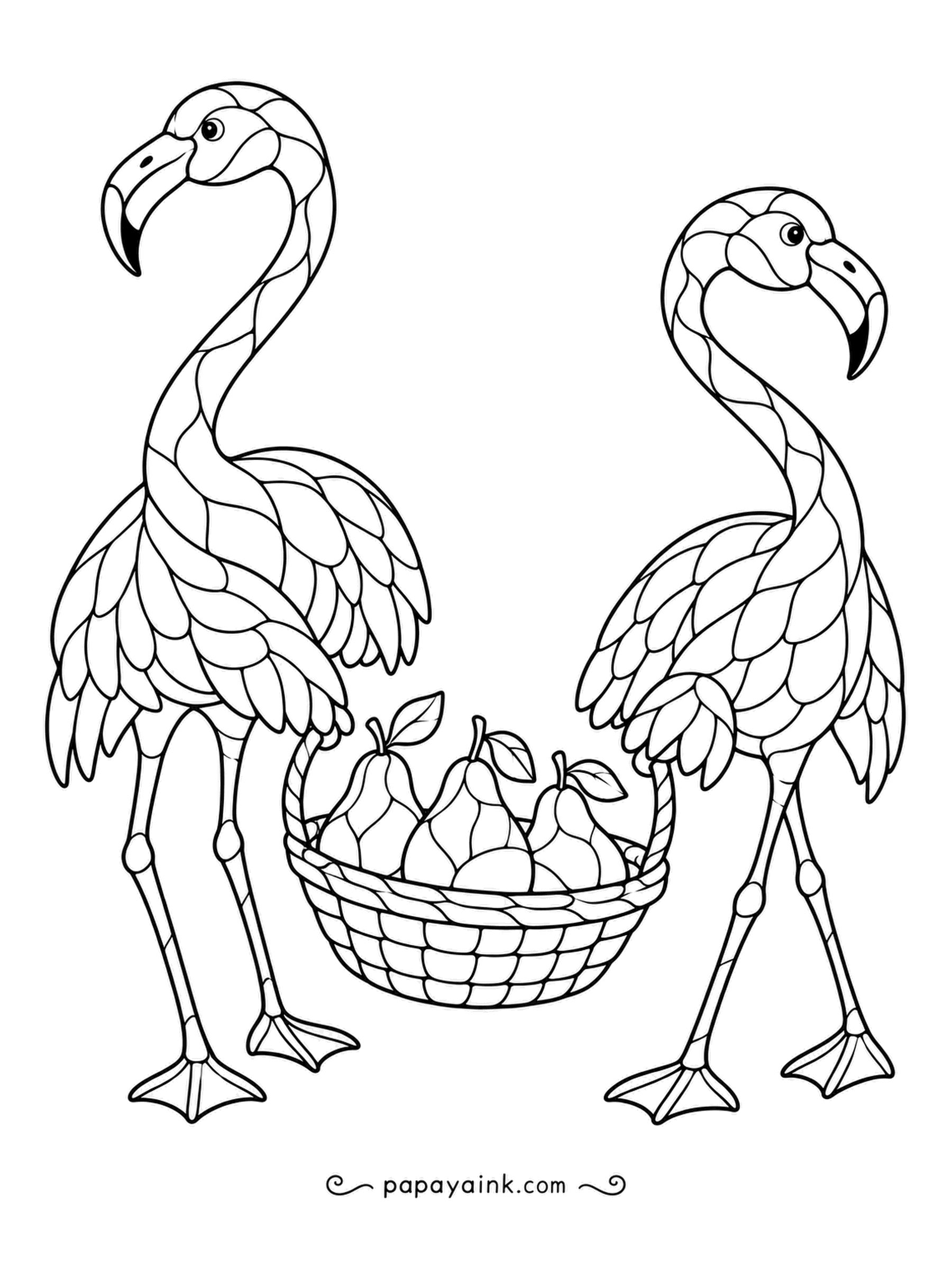 Flamingo Coloring Pages - Pears for two: a pair of stained-glass flamingos share one basket, necks curved like matching bookends. Every panel can take its own shade of coral or rose. Pears in yellow-green finish it.