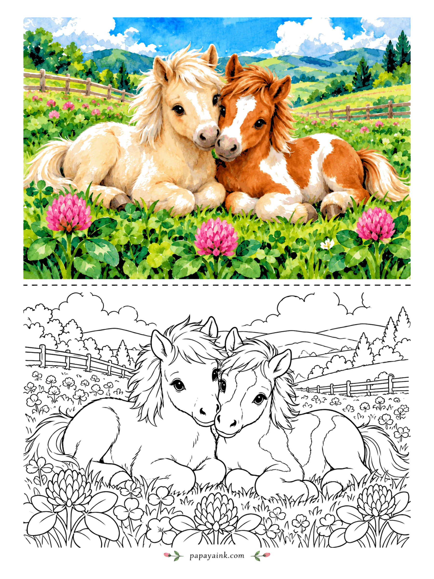 Cute Horse Coloring Pages - Cheek to cheek in the clover: a cream foal and a brown-and-white pinto lie together on the hillside with the fence and far hills behind. Two coats, two colors, and a lot of pink flowers to fill in.