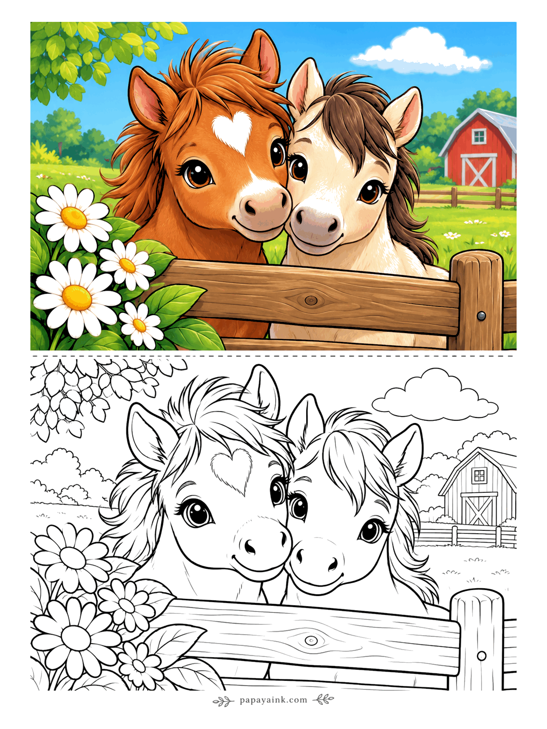 Cute Horse Coloring Pages - Two heads over the gate: a chestnut with a white heart on the forehead and a cream foal with a dark forelock, cheek to cheek. A red barn sits in the distance and daisies fill the corner.