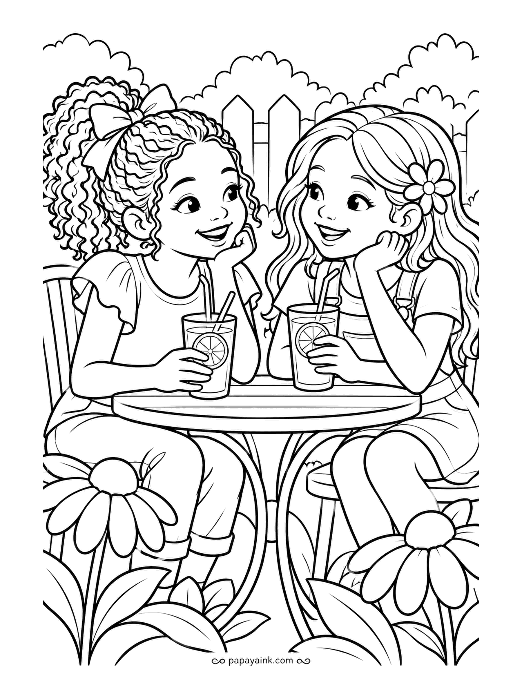 Garden Coloring Pages - Two girls at a small round table, chins in hands, each with a glass of lemonade and a straw, daisies and coneflowers at their feet. Pale yellow lemonade with a lemon slice at the rim, and a different hair color for each friend.