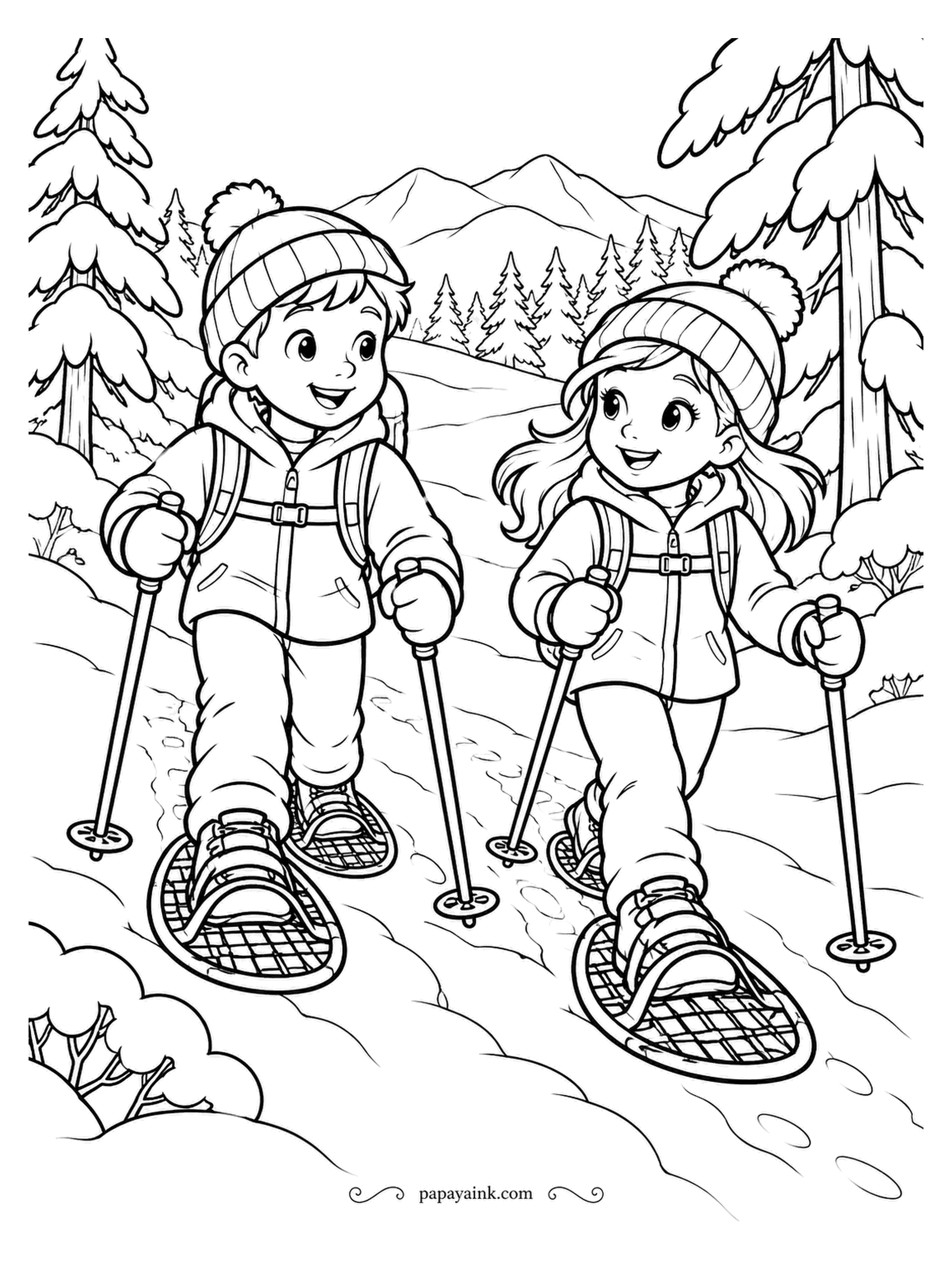 December Coloring Pages - Walking on snowshoes is slower than it looks and twice the fun. Two friends with backpacks cross a broad trail through the pines; the wide tracks tell how deep the snow is. Cross-hatch the webbing in brown and let the trail stay bright.
