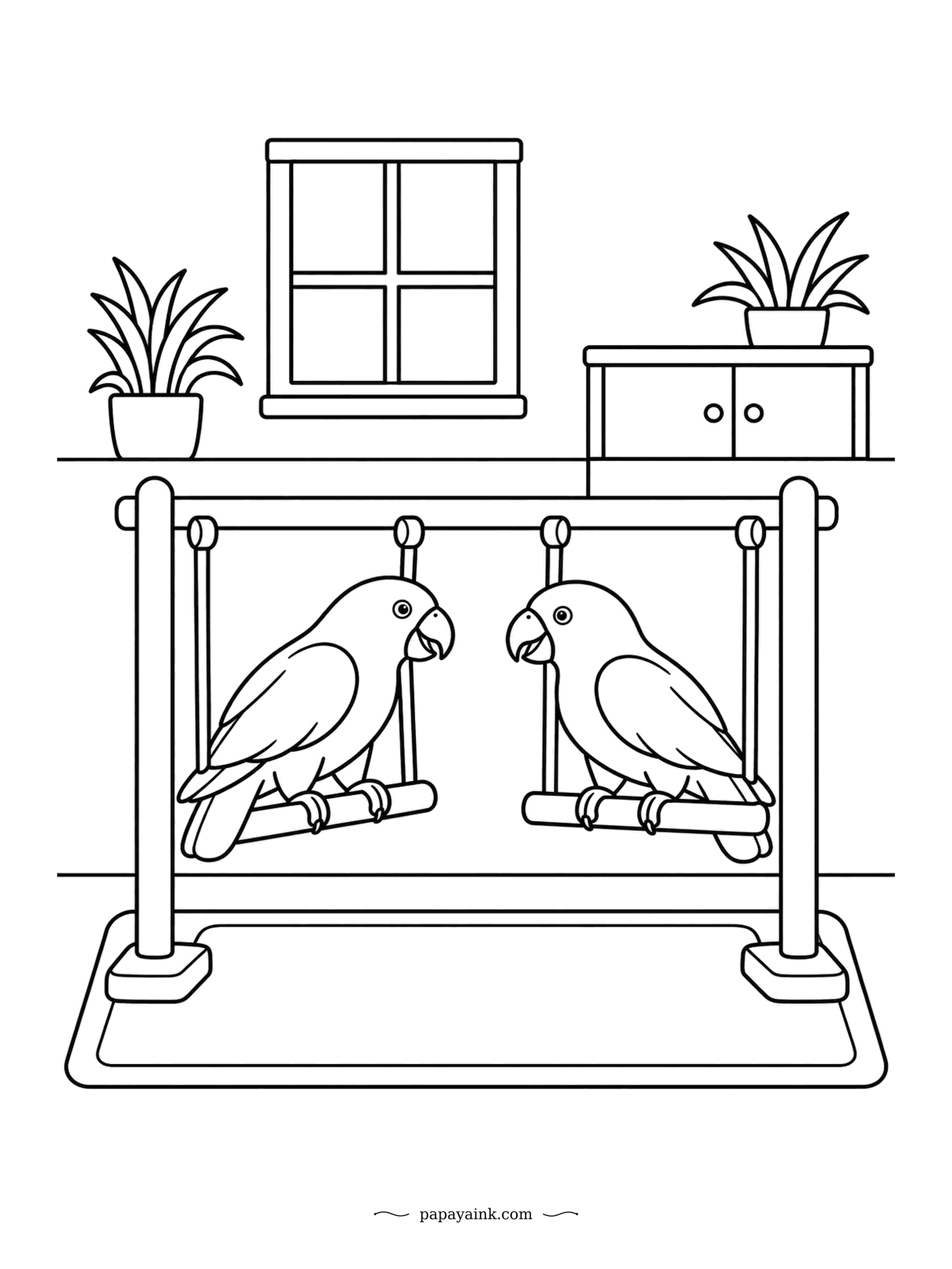 Parrot Coloring Pages - Two lories on two swings, rocking in exact time. Whether they planned it is anyone's guess. A plain room and very few lines - an easy, cheerful page for beginners.