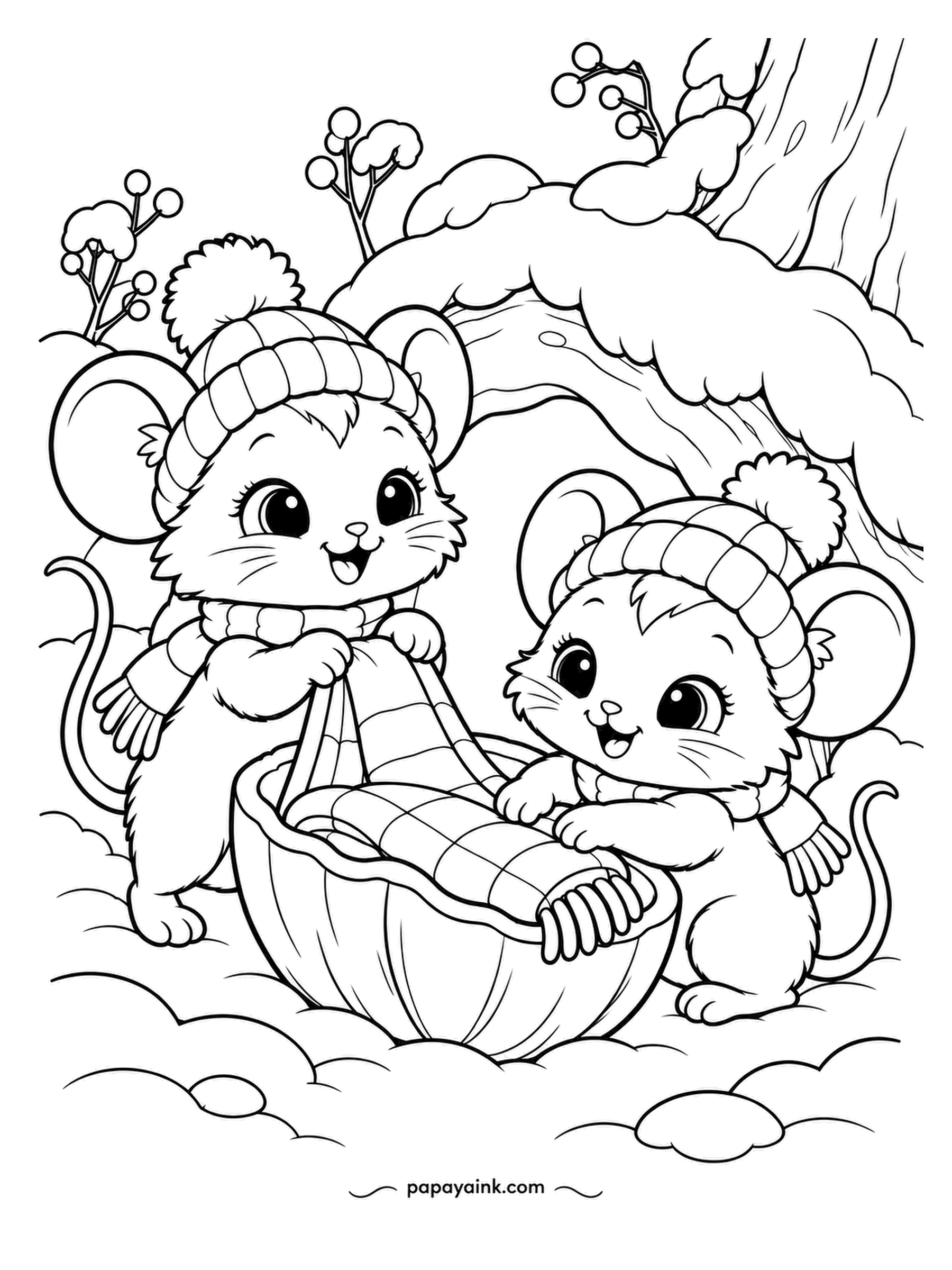 Cute Winter Coloring Pages - Walnut shell, lined with a scrap of plaid, and two mice in hats are tucking it in for the night under a snowy branch. Berries on the twigs above. Brown shell, red plaid, gray mice. Detailed.