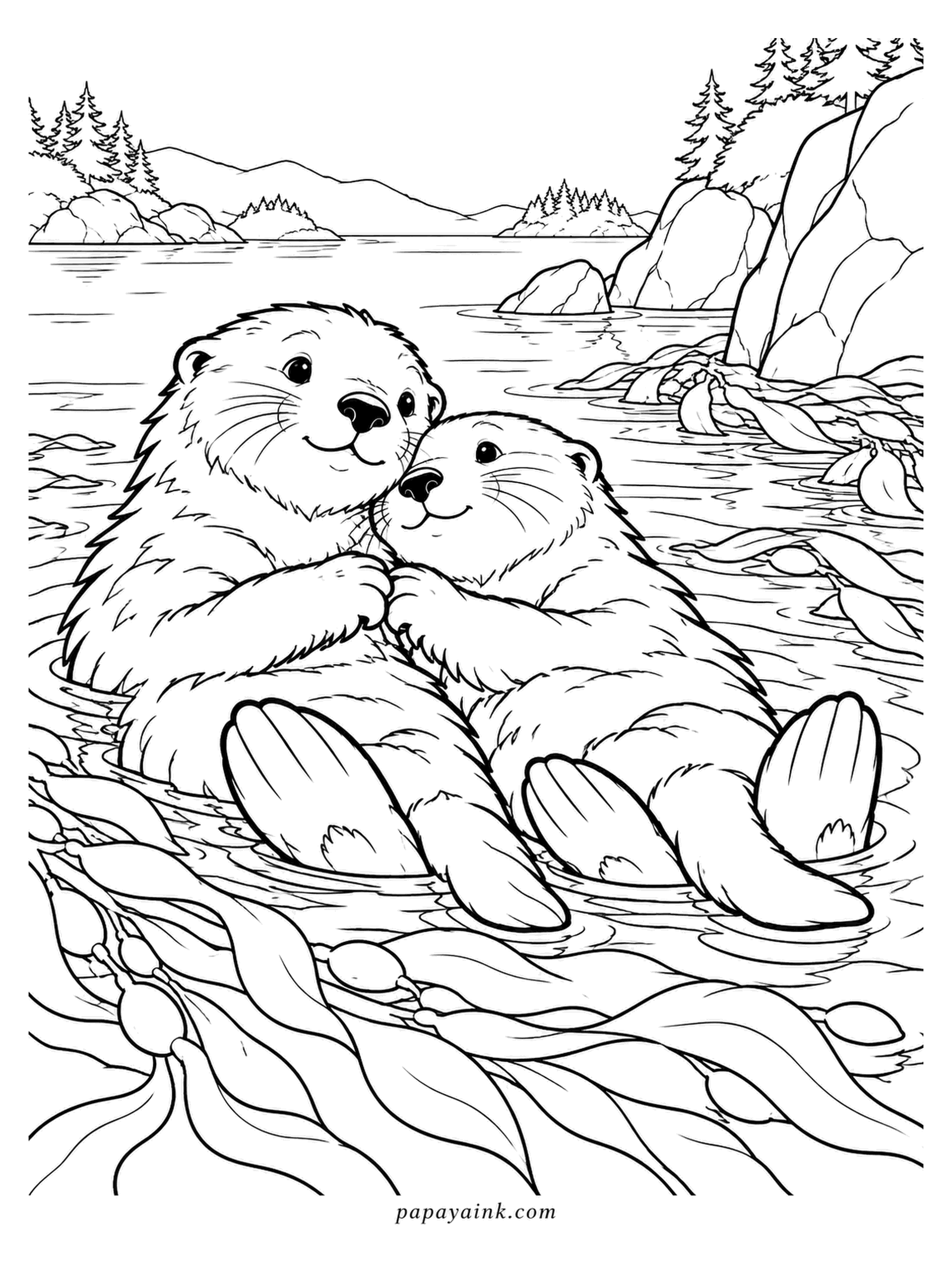 Love Coloring Pages - Floating on their backs in a kelp bed, paws linked so neither drifts off - real sea otters do exactly this while they sleep. A rocky cove and pine-covered islands sit in the background. Detailed - the kelp fronds take time.