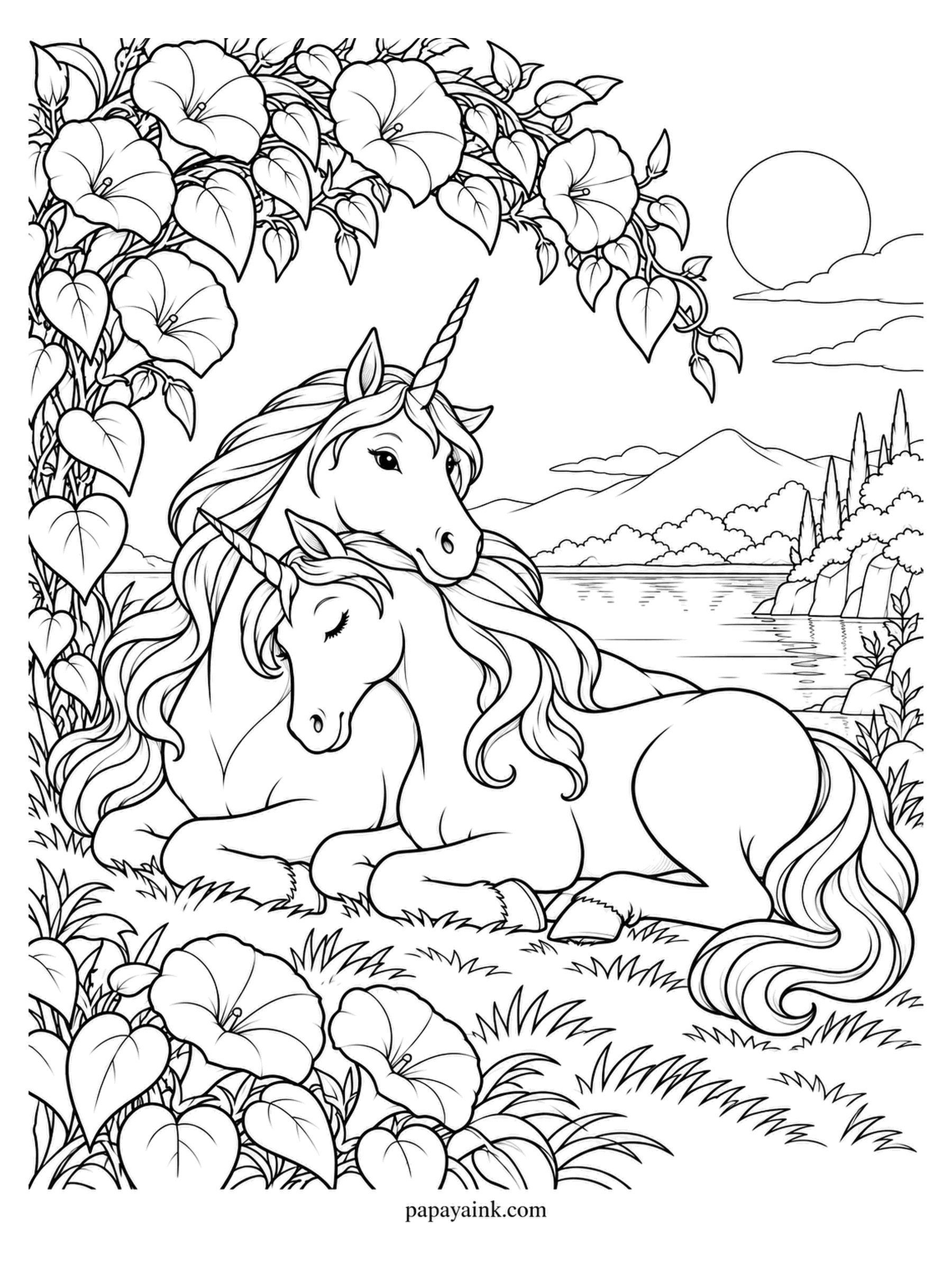 Love Coloring Pages - Moonflowers really do open at night, so this pair waited for the moon to rise over the lake. One unicorn lays her head across the other's neck, and the one below shuts her eyes. The trumpet blooms take white or faint lilac.