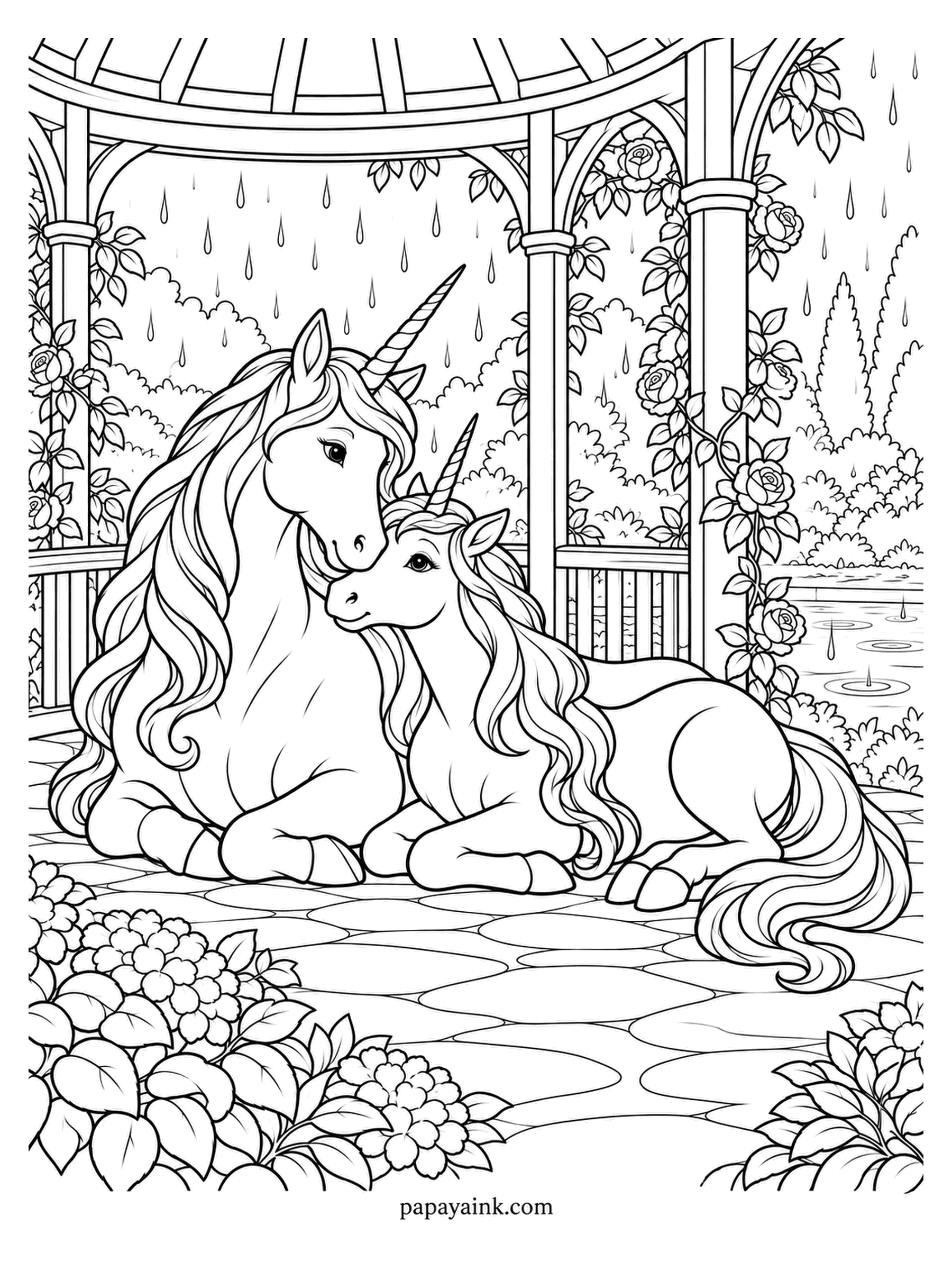 Love Coloring Pages - A spring shower drums on the gazebo roof while two unicorns lie dry inside, heads leaning together. Raindrops ring the pond beyond the roses. Pale silver for the rain, any pastel for the manes.