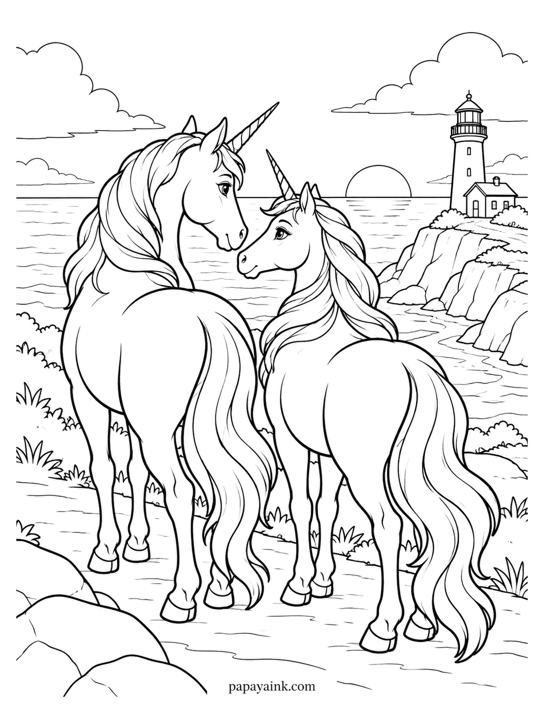 Love Coloring Pages - Seen from behind, two unicorns face a lighthouse on the headland, then turn to each other instead. The sun dips into the sea. Long tails reach nearly to the ground - good runways for gradients.