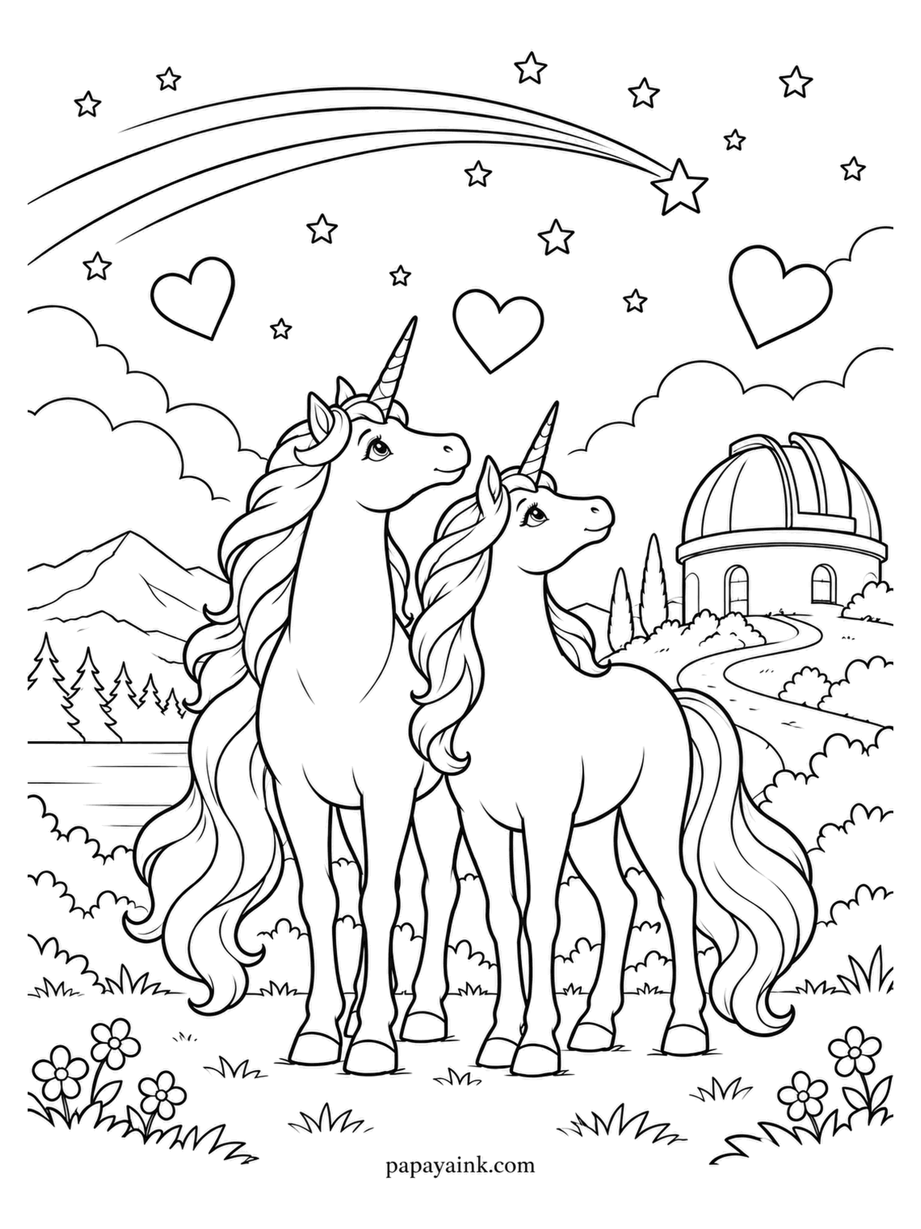 Love Coloring Pages - Standing shoulder to shoulder on a hilltop as a shooting star streaks down toward a small observatory. Three hearts hang in the night sky between them. Dark blue for the sky makes the stars and the white coats stand out.