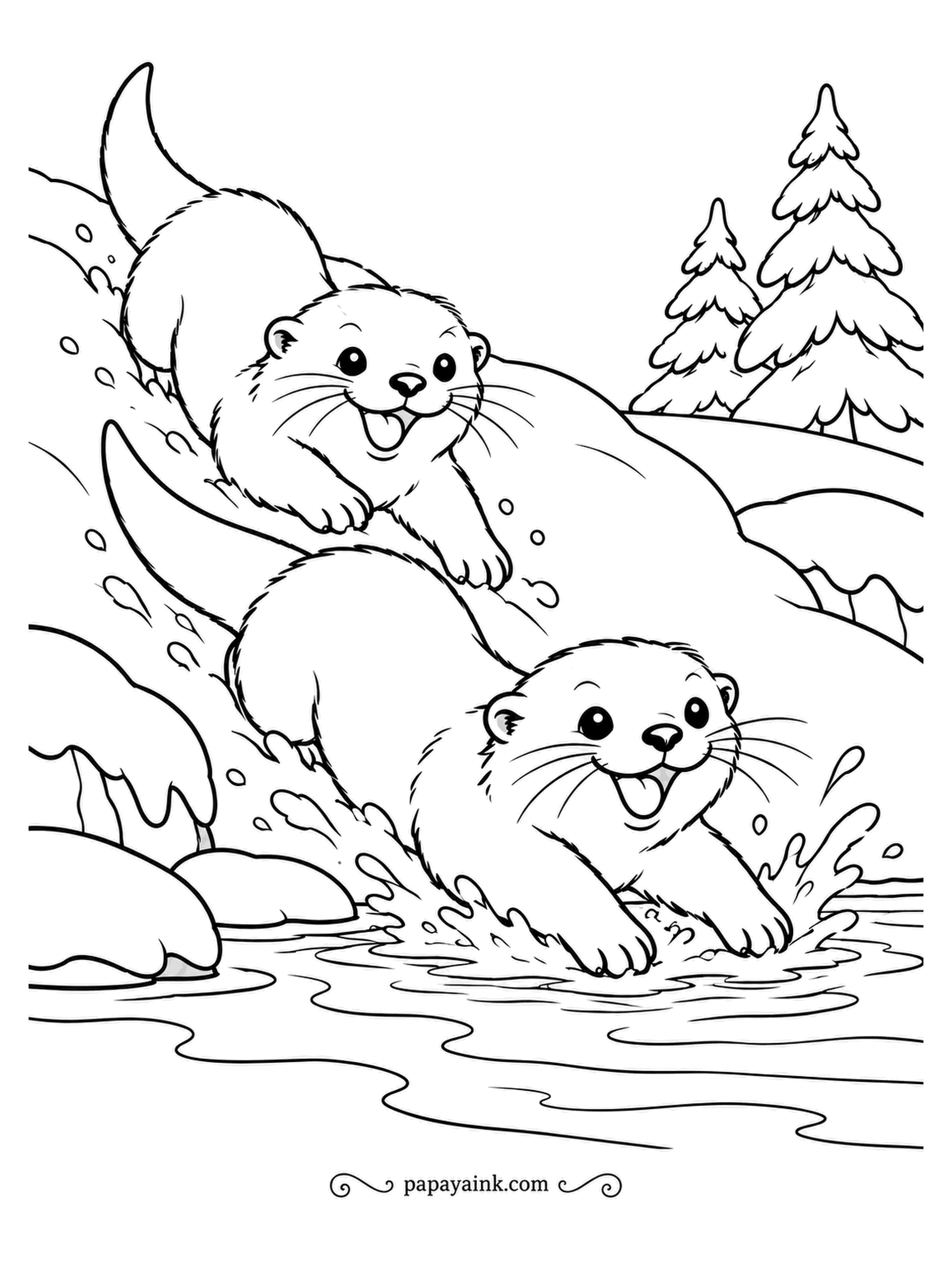 December Coloring Pages - Two river otters take the fast way down the bank, belly first, straight into the open water. This is real otter behavior, not a cartoon invention. Sleek dark brown bodies, lighter throats, and a splash left as paper.