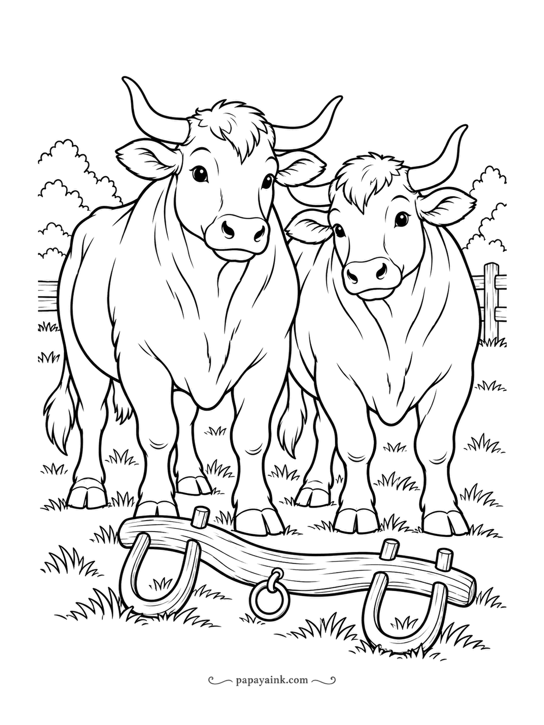 Farm Coloring Pages - Two oxen standing shoulder to shoulder with their wooden yoke lying in the grass in front of them, horns curved outward. Work is over for today. Red-brown or dun coats, and a weathered gray for the yoke and its iron rings.